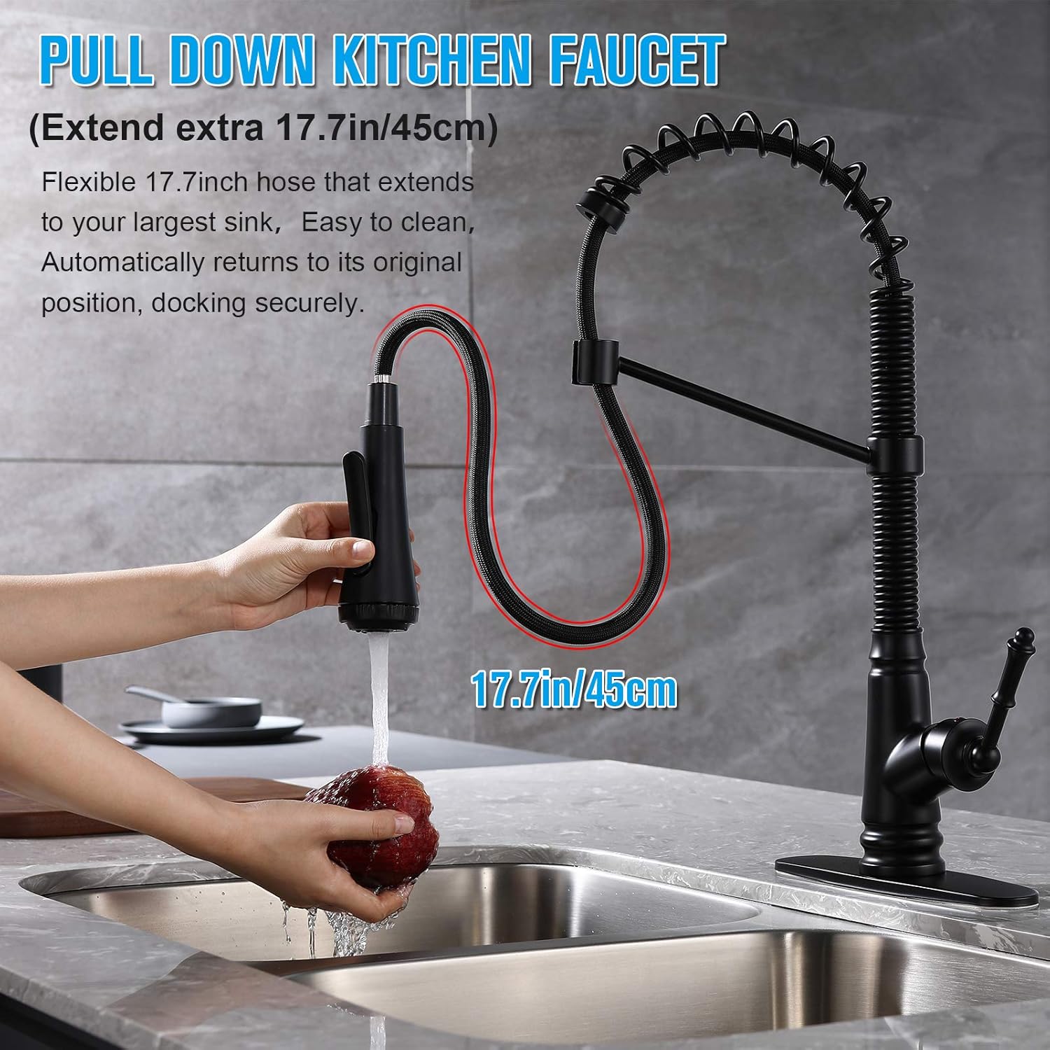 Single Level Kitchen Sink Faucet with Pull Down Sprayer, Single Handle Pull Out Kitchen Faucet, Matte Black