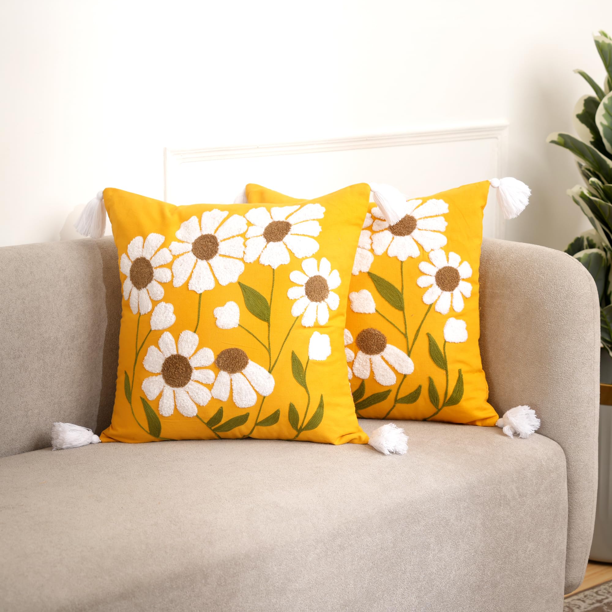 HOMEFRONT Daisy Embroidered Cushion Covers, Yellow, Set of 2 with Tassels | Punch Needle Texture, Zipper Closure, Floral Design, Sofa Home Decor, Cotton Fabric-image-22