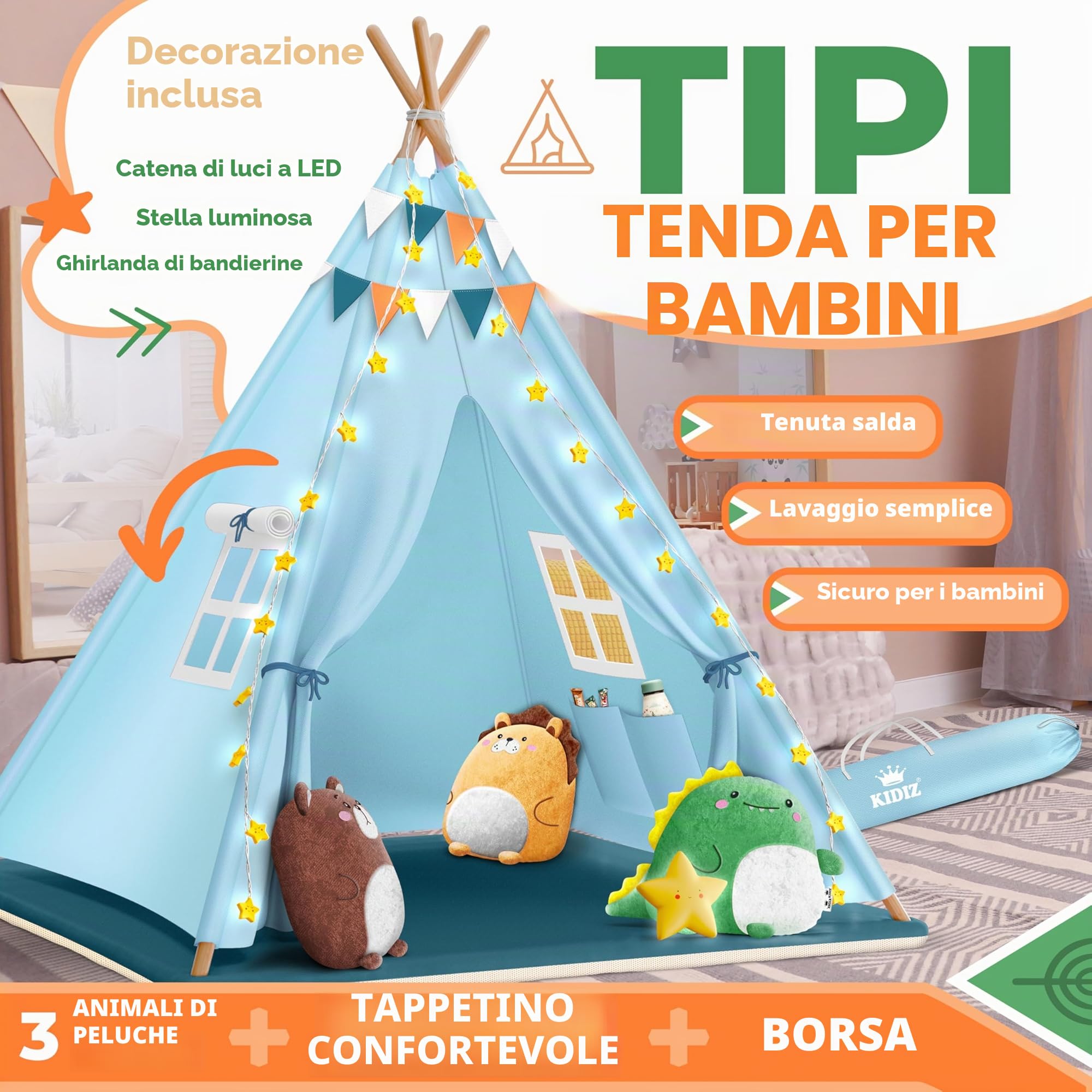 KIDIZ® Tipi Tenda da gioco per bambini 100 x 100 x 160 cm cotone con LED