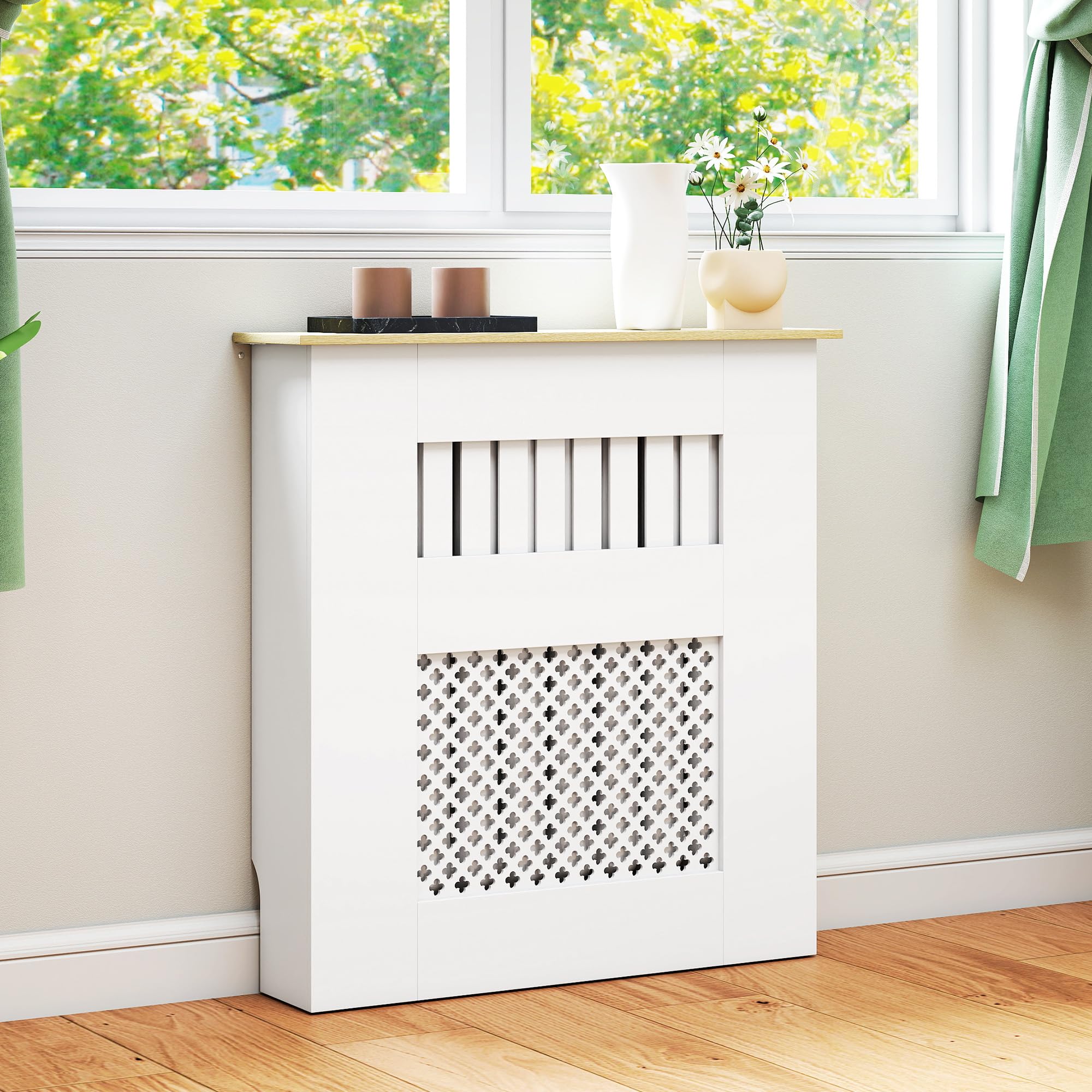 HOMCOM Couvercle de Radiateur en Bois, Cache Radiateur Moderne à Lattes avec Détails Croisés et Étagère Supérieure, pour Salon, Chambre à Coucher, Couloir, 78 x 19 x 81 cm, Blanc