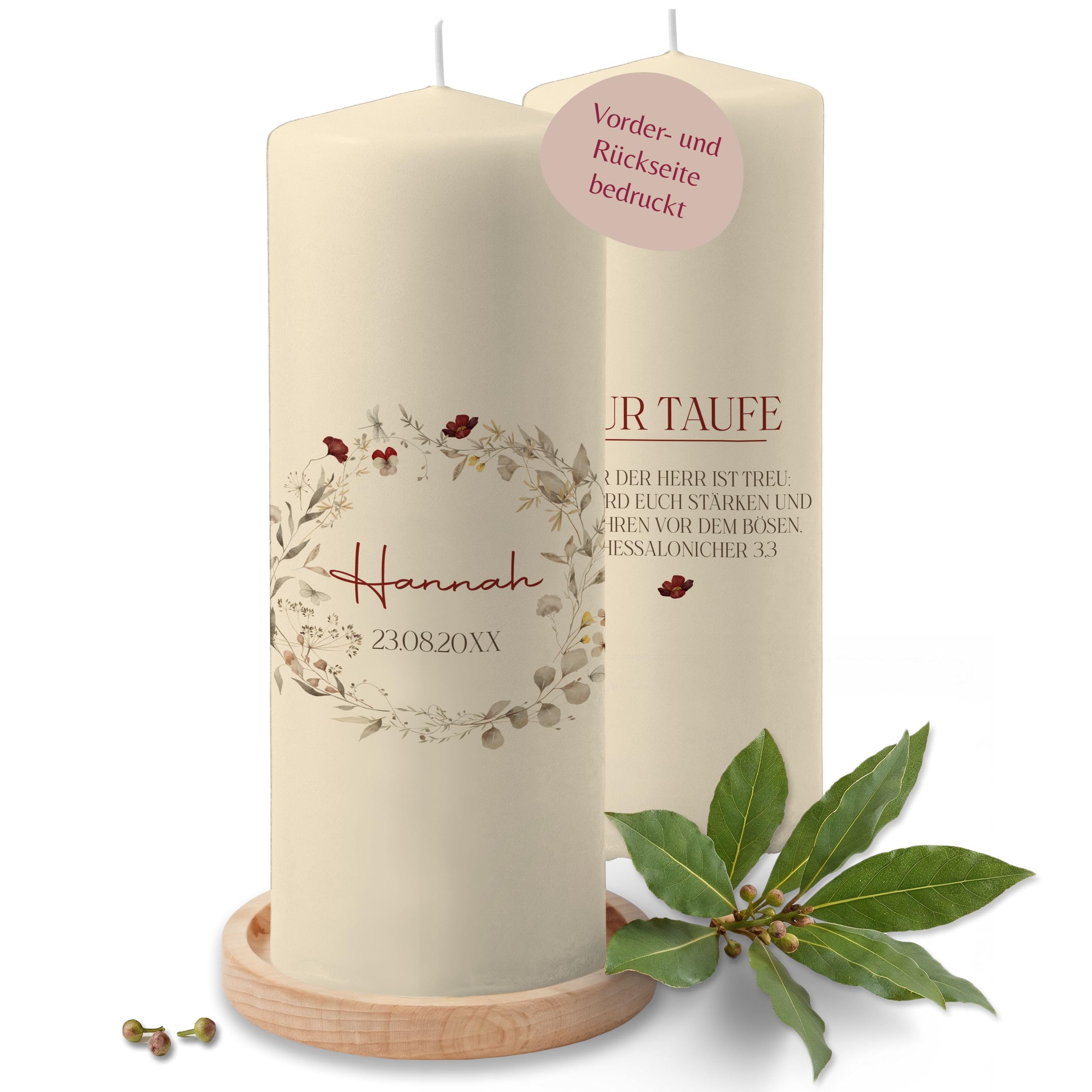 Taufkerze - Taufe - Wildblumenkranz mit Name Datum Wunschtext - Deko Taufgeschenk personalisiert - 230/78 mm - Elfenbein
