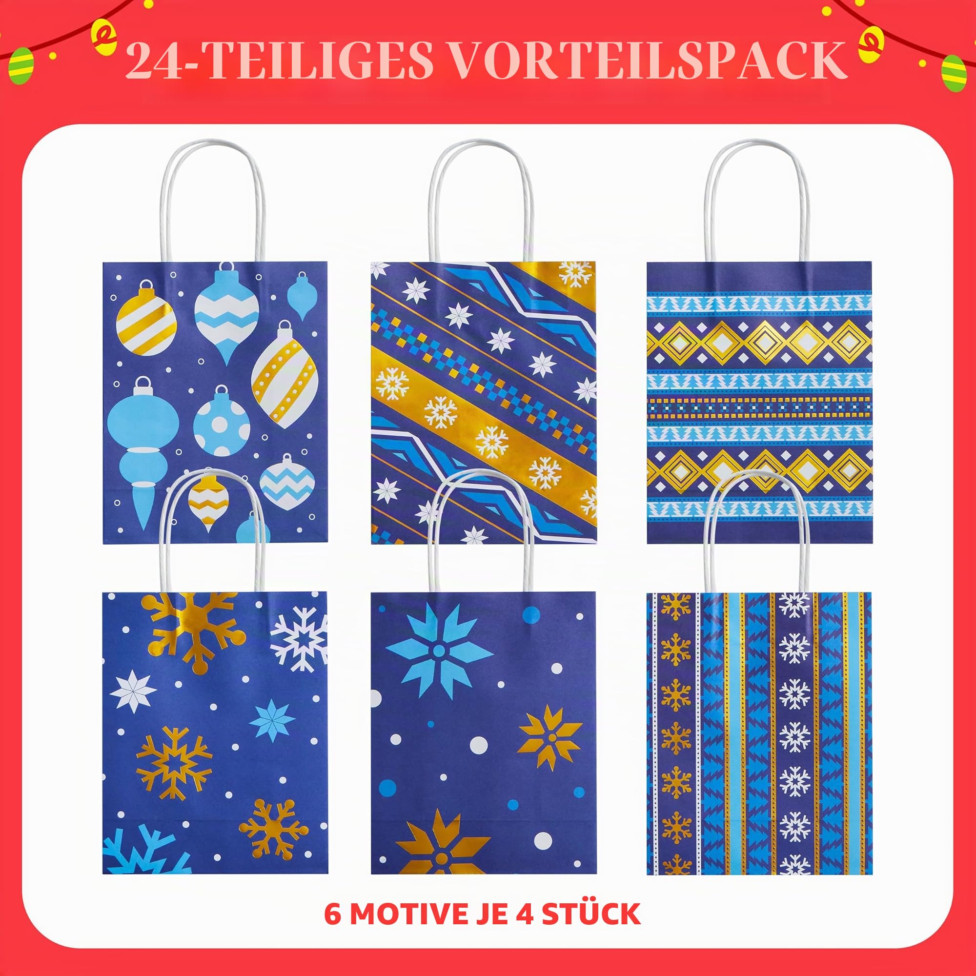 JOYIN 24 Stück Weihnachts-Geschenktüten aus Kraftpapier, für Klassenzimmer und Partygeschenke, Partygeschenke und Dekorationszubehör (blau, 22,9 x 18,9 x 8,3 cm)
