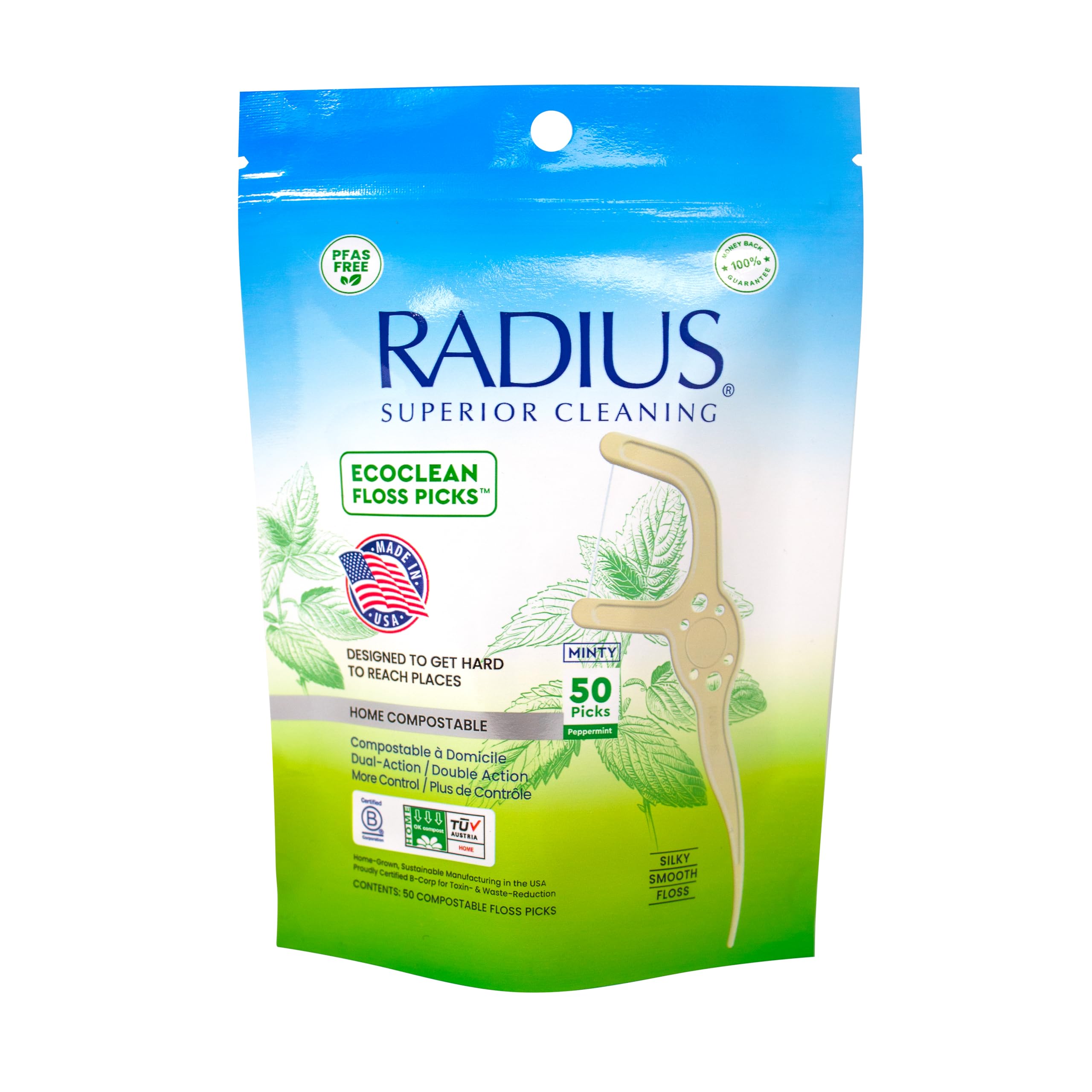 Radius Peppermint EcoClean Compostable Floss Picks Adult for Oral Care Boost Non Toxic Tooth & Gum Protection (50 Single Use Flossers per Pack)