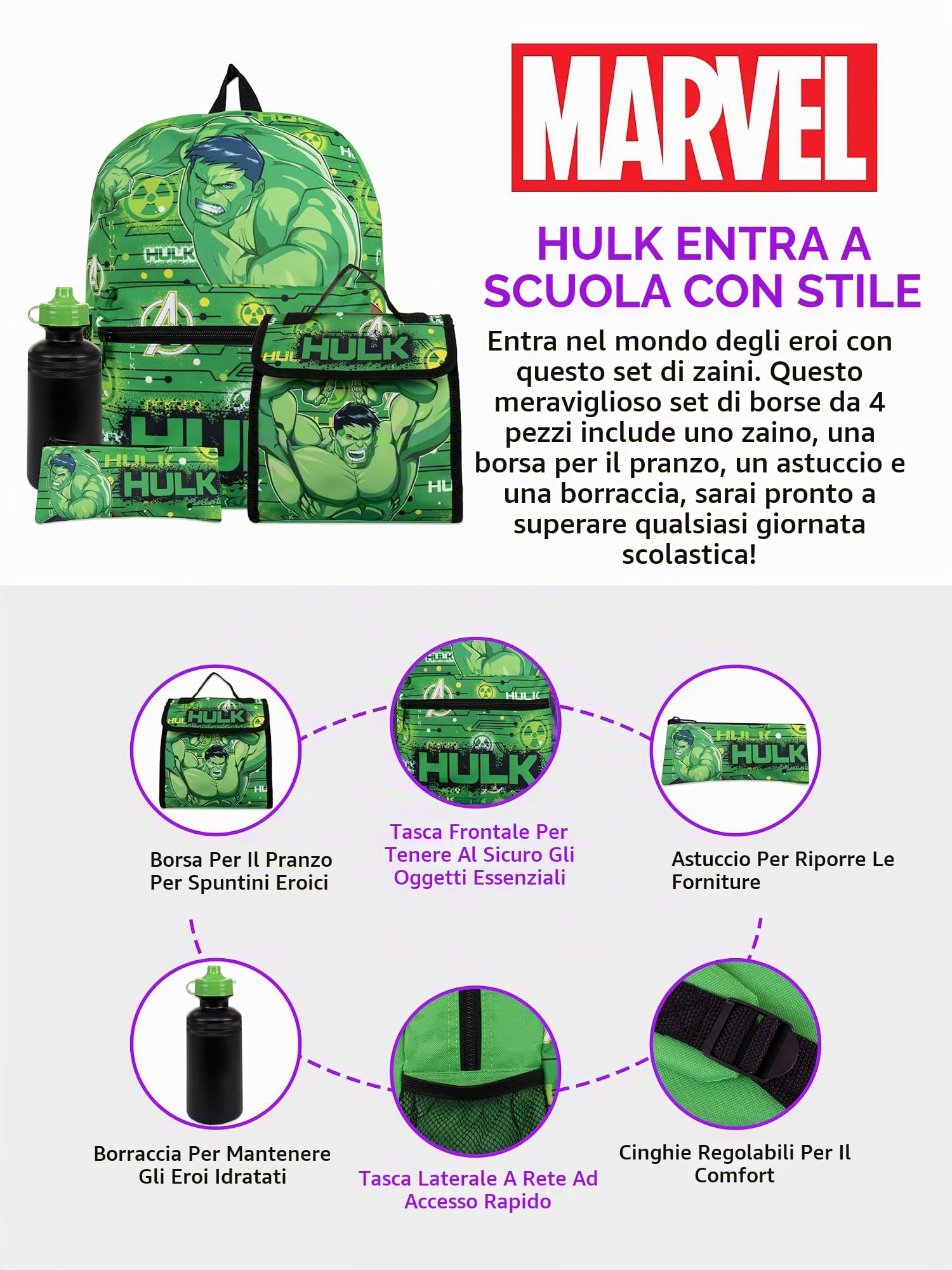 Marvel Supereroi Personaggi | Zaino Hulk | Zainetto Hulk | Borsa Bambino | Zaino Con Astuccio | Set Asilo | One Size Verde