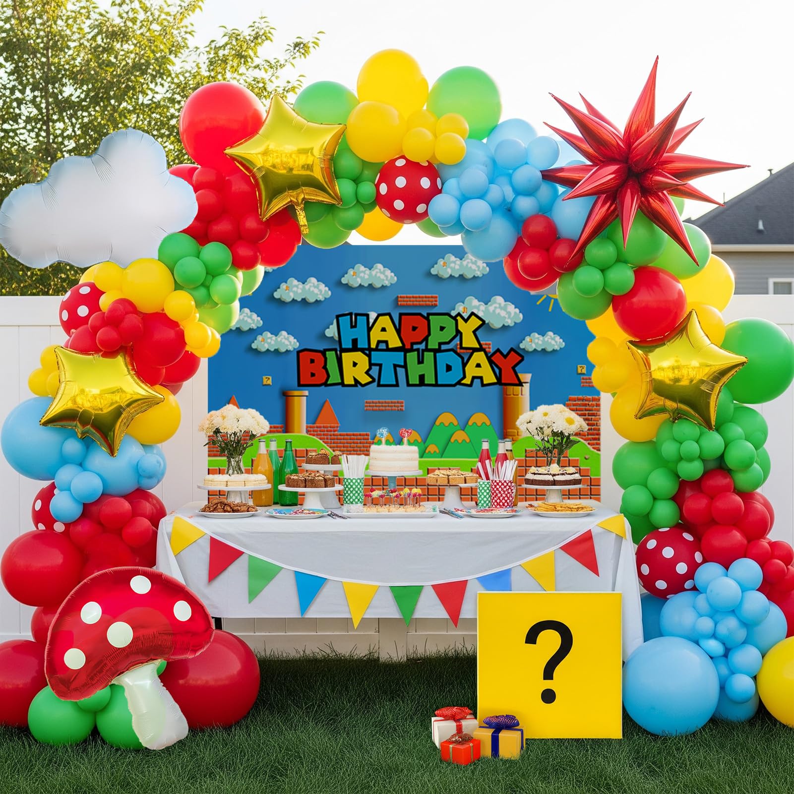 Super Bros Party Decorations with Balloon arch Kit Polka dot printed Balloon Cloud Mushroom Star Balloons Banner Birthday Backdrop for Cartoon Video