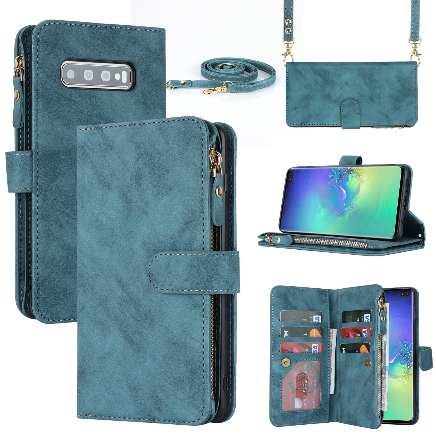 iCoverCase for Samsung Galaxy S10 Wallet Case with Card Holder for Women, Crossbody Lanyard Strap Kickstand PU Leather Case with Zipper Pocket Credit