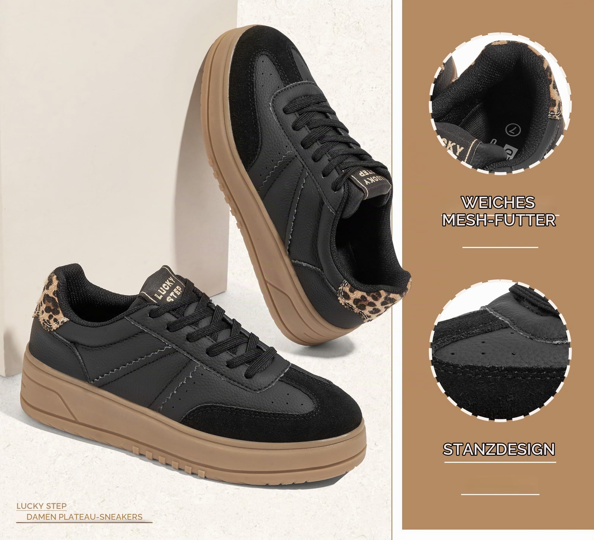 LUCKY STEP Damen Plateau-Sneakers mit Schnürung | Bequeme Freizeitschuhe mit Dicker Gummisohle aus Kunstleder | Low-Top Design für Stadt, Alltag & Sport