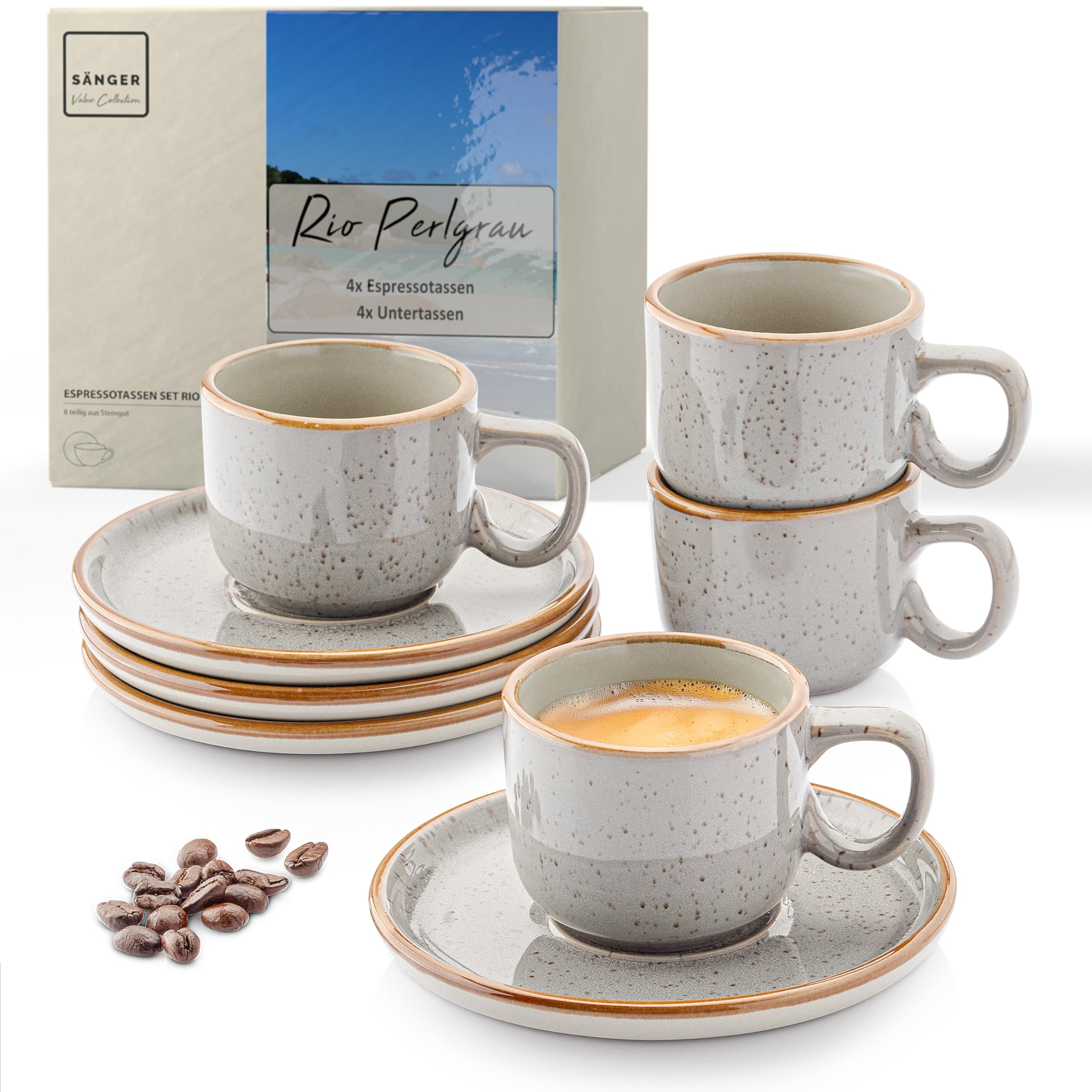 SÄNGER Rio Perlgrau Espressotassen Set 8 teilig, Tassen Set 4 Personen | Espresso- & Mokkatassen, kratz- spülmaschinen- mikrowellenfest, 4xTassen & 4xUntertassen grau 80 ml