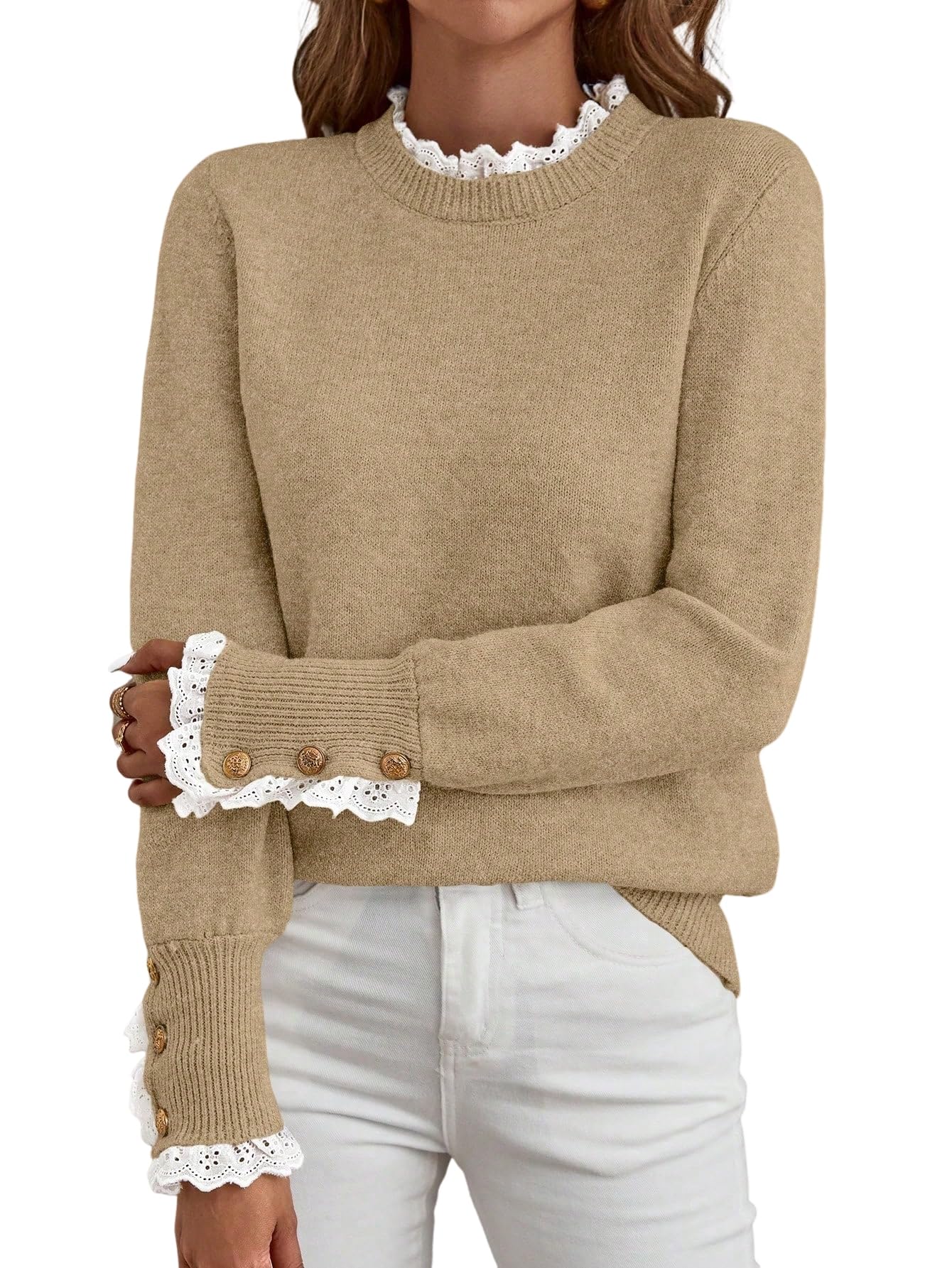 Women Sweater Casual Ruffle Decor Crew Neck Long Sleeve Dating Knit Pullover Fall Outfit Loose Fit Fall Outfits