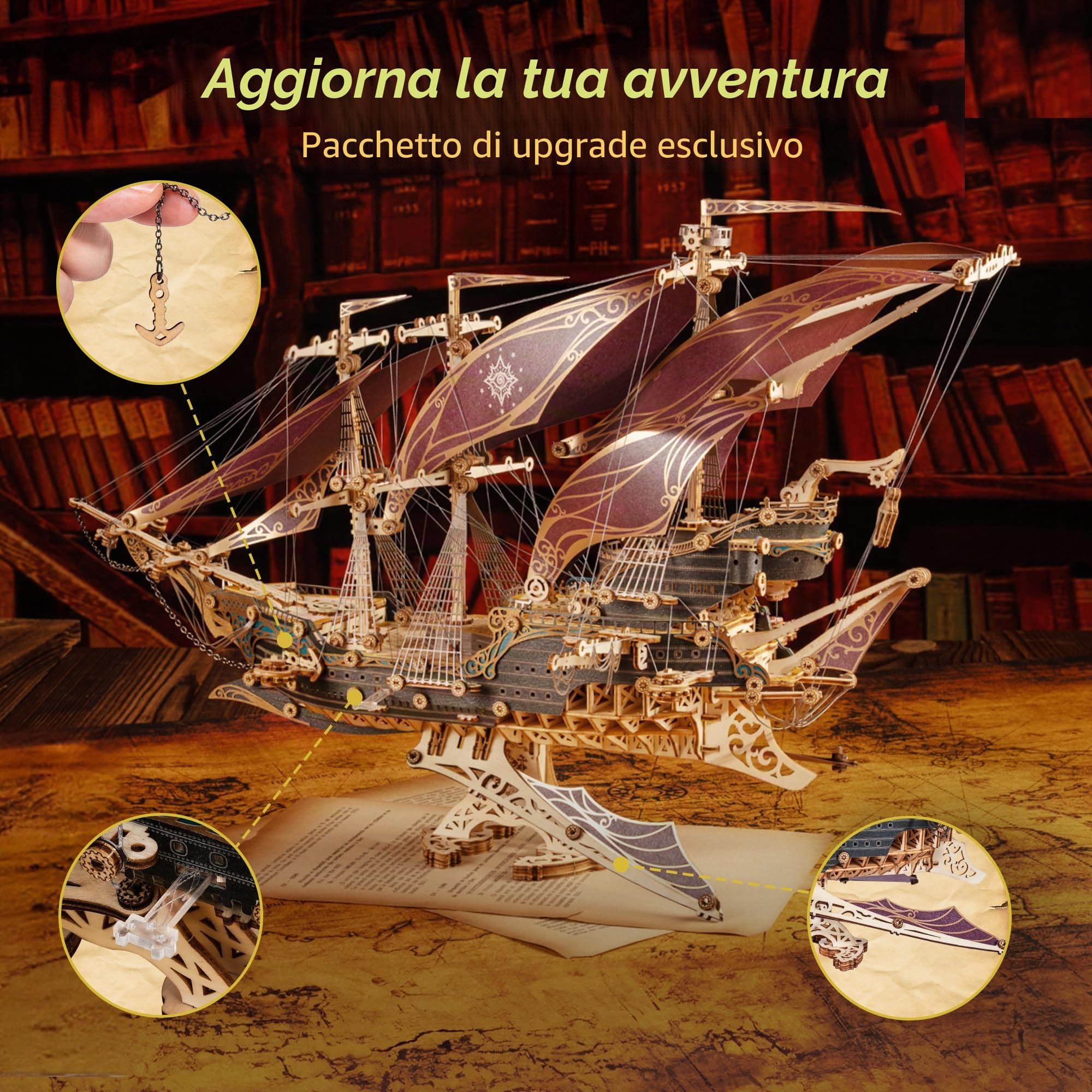 FUNPOLA Puzzle 3D in legno Modello di Nave Pirata – Kit di costruzione di veliero, avventura, decorazione per la casa, regalo creativo per adulti e ragazzi (Viola)