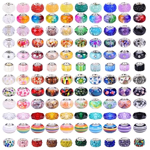 240 Pieces Assorted European Craft Beads Large Hole Lampwork Spacer Beads Colorful European Beads for DIY Necklace Bracelet Jewelry Making (Mix Color Style) - Mix color style
