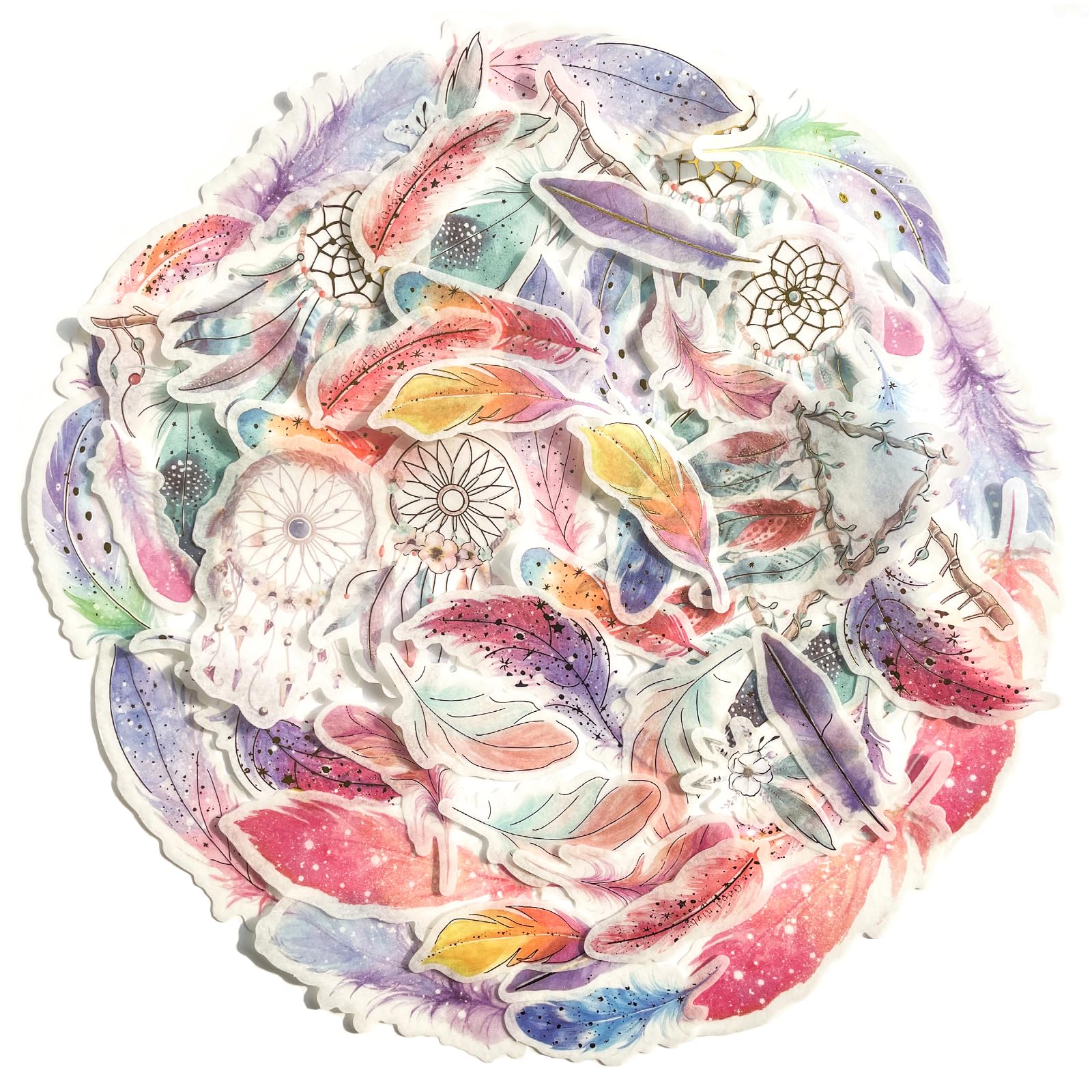Yoksas 60Pcs Boho Feather Gypsy Washi Stickers - Aesthetic Bronzing Fantasy Japanese Paper Scrapbook Craft Decorative Stickers for Junk Bullet Journals, Planners, Collage Album