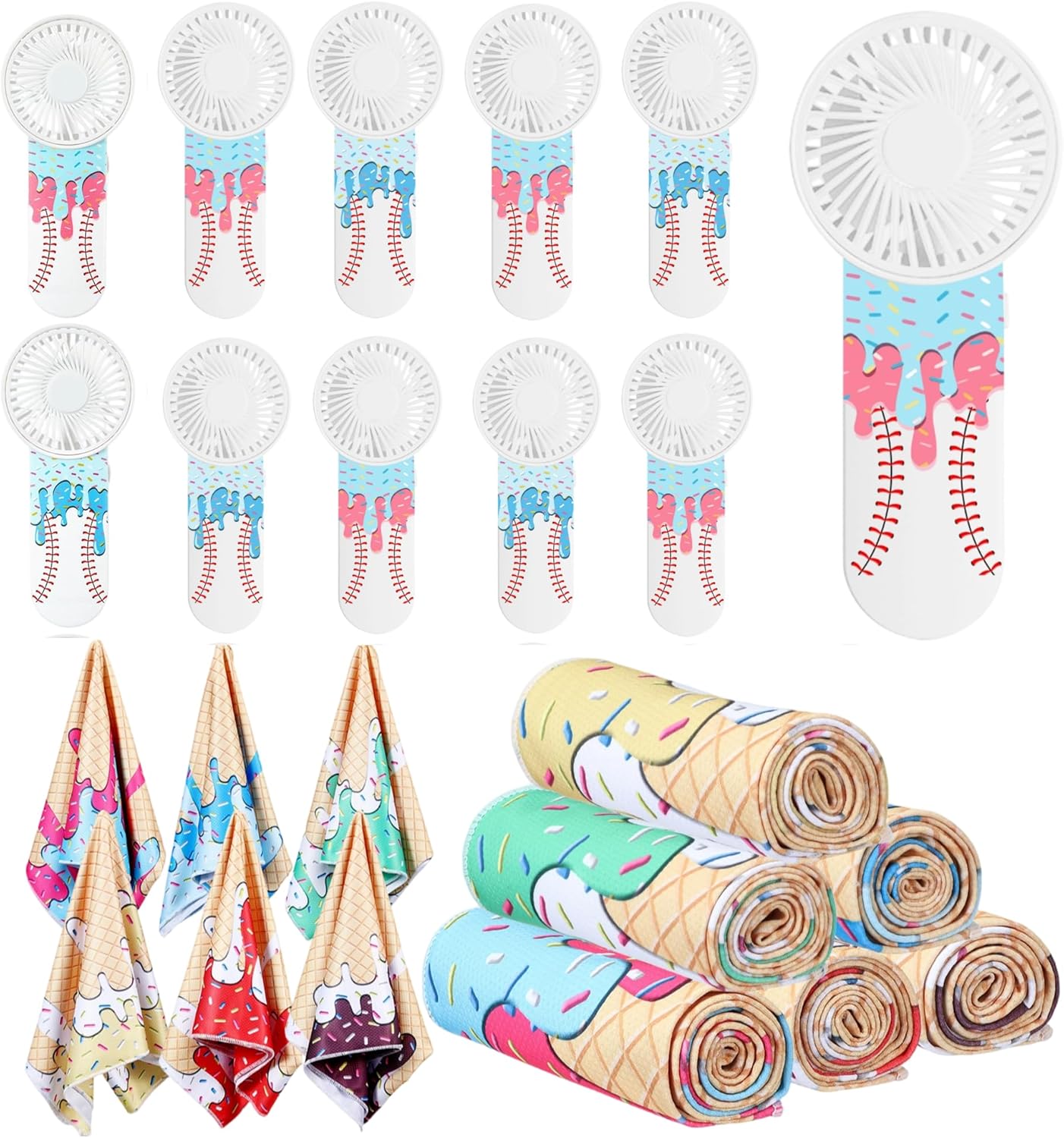 24 Pcs Sport Gifts, Includes 12 Pcs Cooling Towels 40"x12" Workout Towels, 12 Portable Fan Mini Handheld Fan for Team Gift Sport Party Favors, Battery Not Include (Baseball Ice Cream,Colorful)