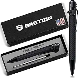 BASTION (Preto, fibra de carbono/aço inoxidável) Parafuso de caneta de metal para homens e mulheres | Caneta recarregável retrátil para escrever no escritório | Disjuntor de vidro EDC, canetas coloridas únicas