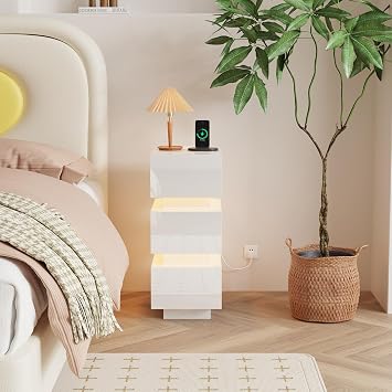 Bedside Table with 3 Storage Drawers, Slim Nightstand Cabinet with Charger Station LED Light for Bedroom, Small Living Room End Table Side Table with Power Outlets and USB Ports, High Gloss White