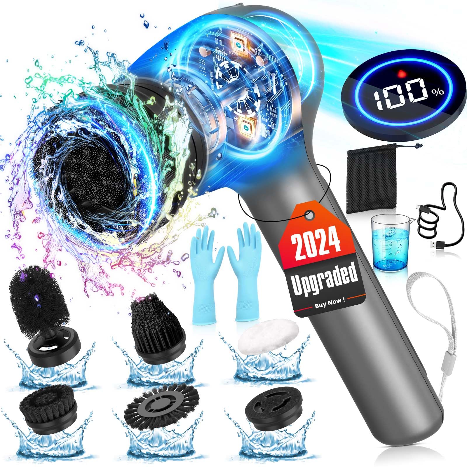 Spazzola elettrica per la pulizia, 9 in 1, efficiente e a 2 velocità, con ricarica USB, spazzola elettrica per bagno, casa, piastrelle e pavimenti