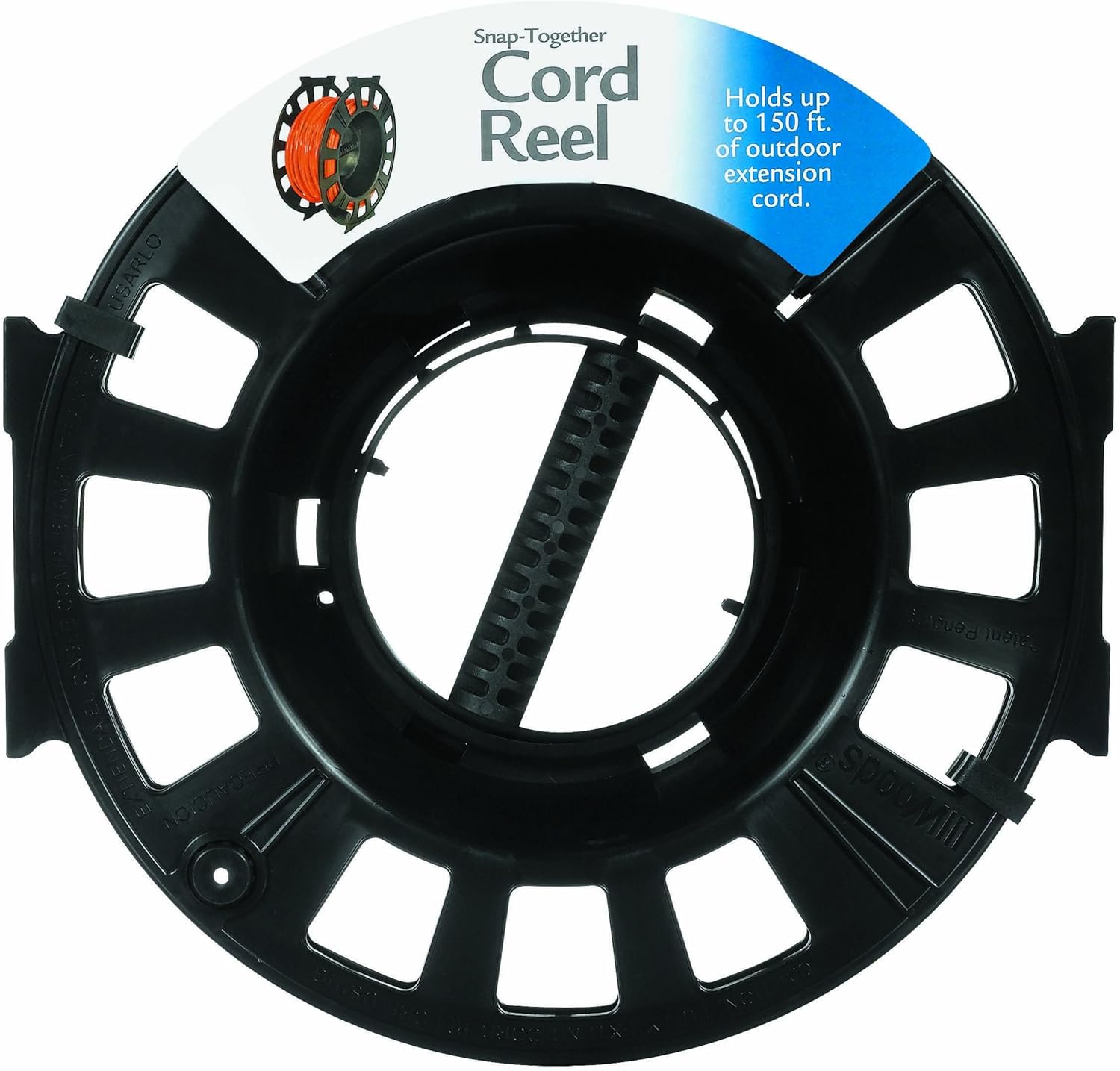 Woods Snap-Together Cord Reel - Holds Up to 150 Feet of 16/3 AWG Cord - Spins Freely for Smooth Reeling - Accommodates 14 & 12 Gauge Cords - Black
