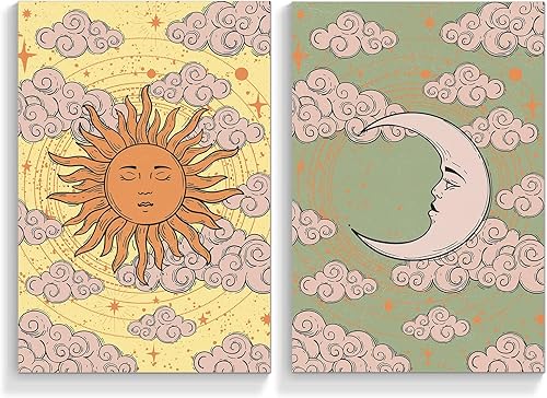 ytreyoimro Juego de 2 lienzos artísticos de pared con sol y luna, póster psicodélico celestial de los años 70, tarjeta de tarot místico, arte hippie