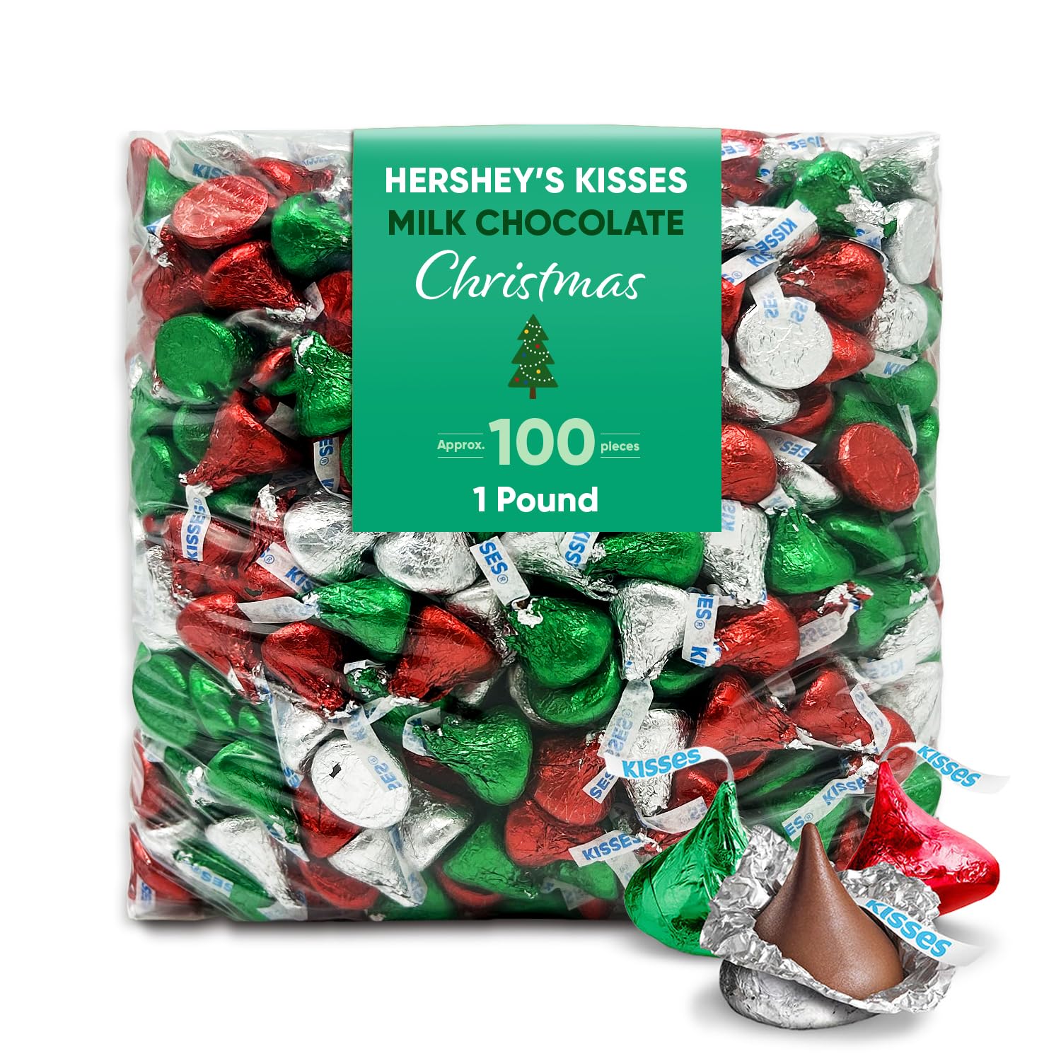 Kisses Holiday Milk Chocolate Candy 1 Pounds approx 100 pieces - Individually Wrapped Candy in Festive Red, Green & Silver Foils - Perfect as Stocking Stuffers and Party Favors at Christmas