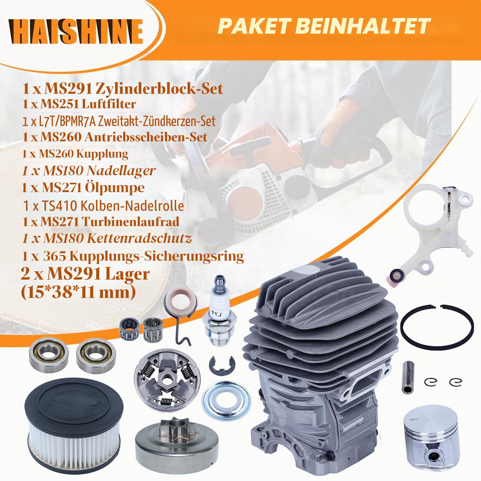 47-mm-Zylinder- und Kolbensatz für Stihl MS291 MS291C MS 291 MS271 MS271C Motorsägenmotor, Big Bore Zylinder-Kolben, ersetzt 1141 020 1206 und 1141 020 1201