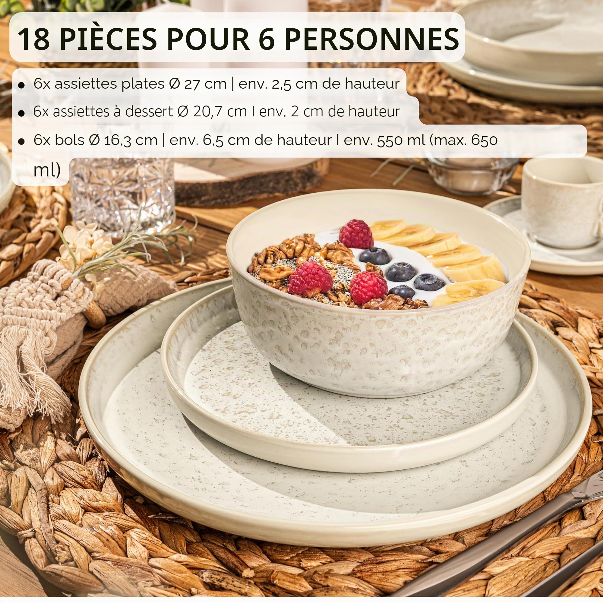 SÄNGER Key West | Service de vaisselle en grès 18 pièces, service d'assiettes 6 personnes, service de vaisselle 6x assiettes plates 6x bols à céréales 6x assiettes à dessert, service de table crème