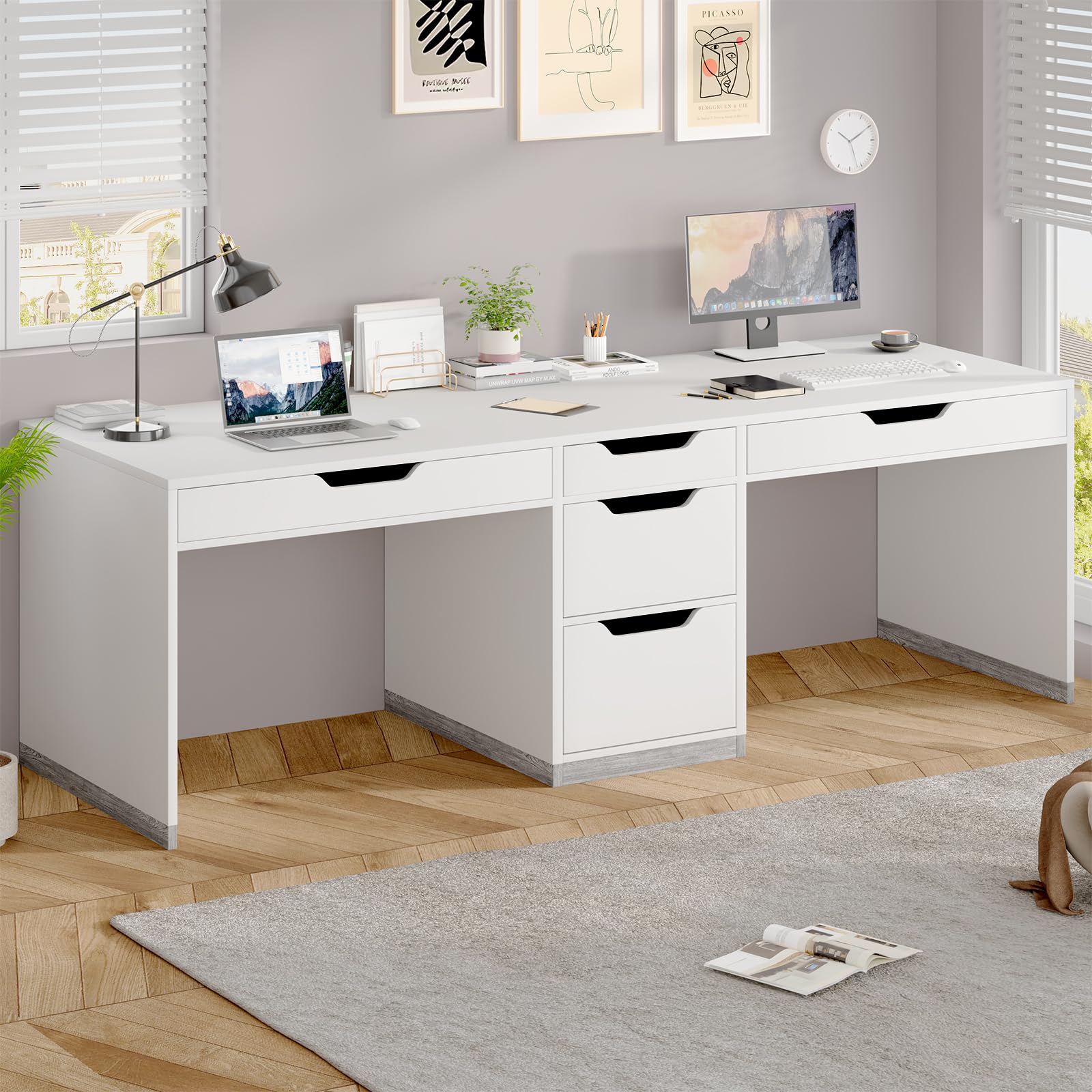 MaverickFurni Two Person Desk with 5 Drawers, Double Desk with Storage for 2 People, 78 Inch Extra Long Computer Desk Workstation with File Drawer for