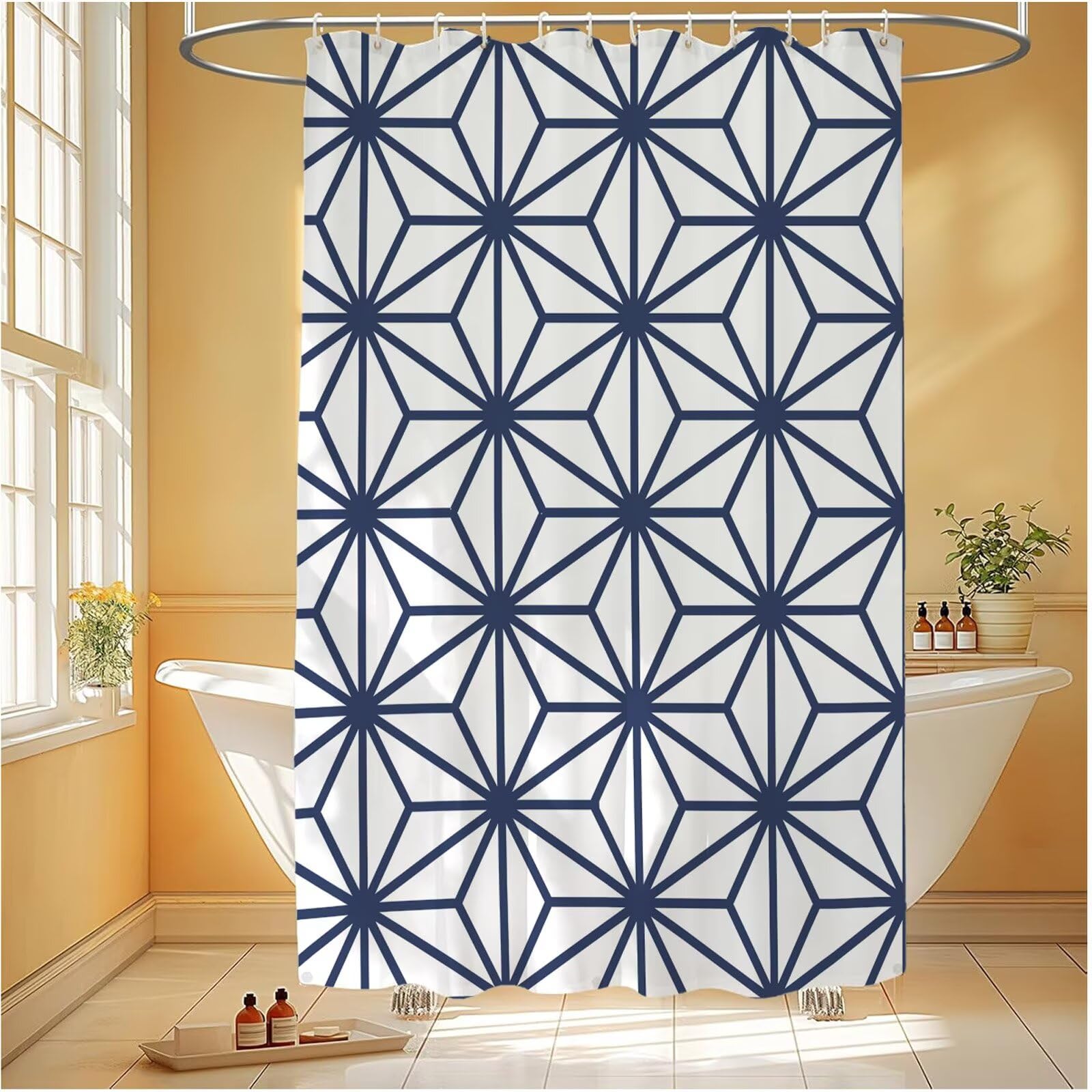 Rideau de Douche Anti Moisissure, Géométrie Rideau Douche 200x200 cm Imperméable Tissu Lavable en Machine Polyester Shower Curtain avec 12 Crochets, Decoration Jardin Exterieur, Blanc 6H-292