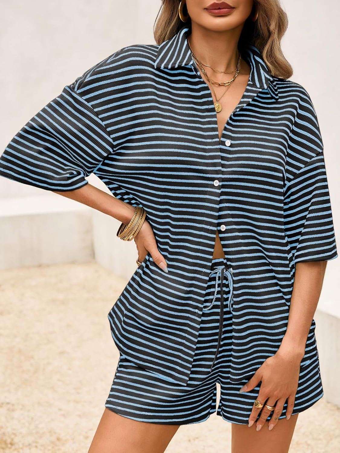 Tankaneo Womens Striped 2 Piece Sets Short Sleeve Button Down Shirt and Shorts Waffle Knit Pajama Lounge Set Summer Outfits - Image 4