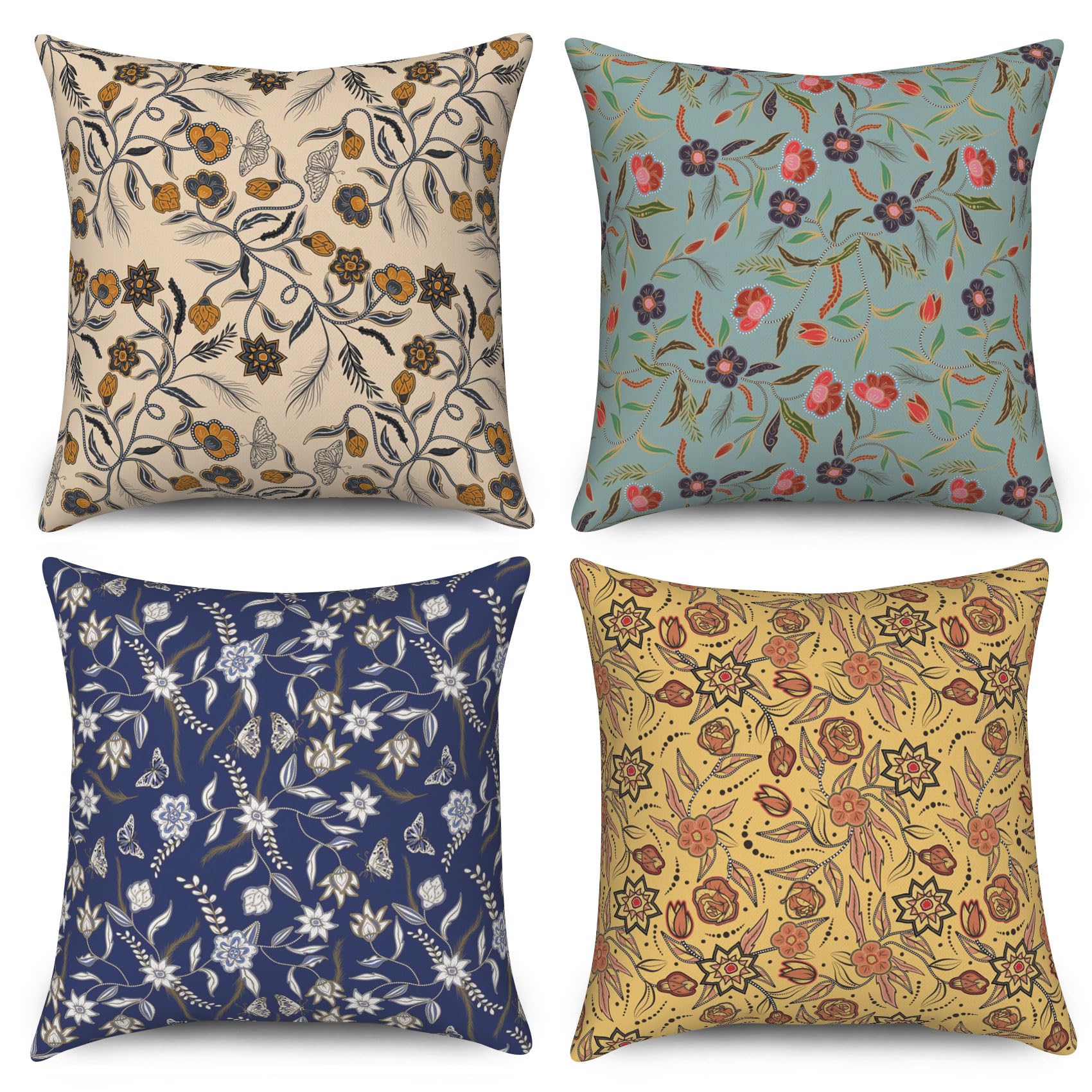 ASDCXZ Cushion Covers 45cm x 45cm Set of 4, Vintage Boho Flower Beige Green Blue Yellow Outdoor Garden Sofa Decoration Cushion Cover Washable Polyester Linen Fabric Upholstery Pillow Cover