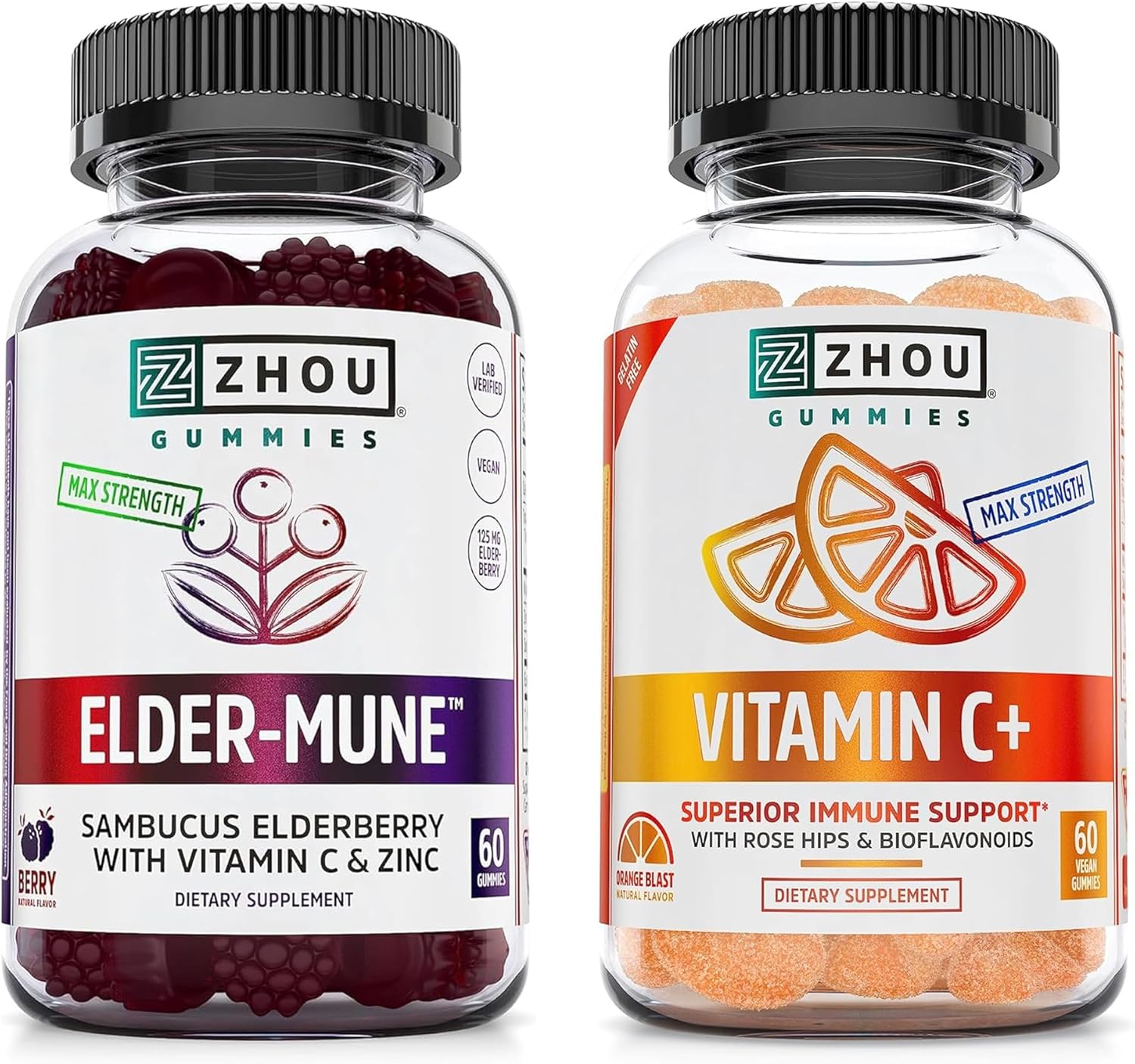 ZHOU Immune Support Bundle – Elder-Mune Elderberry & Vitamin C Gummies for Adults & Kids, Daily Natural Immune Support Supplements for Women & Men – 60 Elderberry & 60 Vitamin C Gummies
