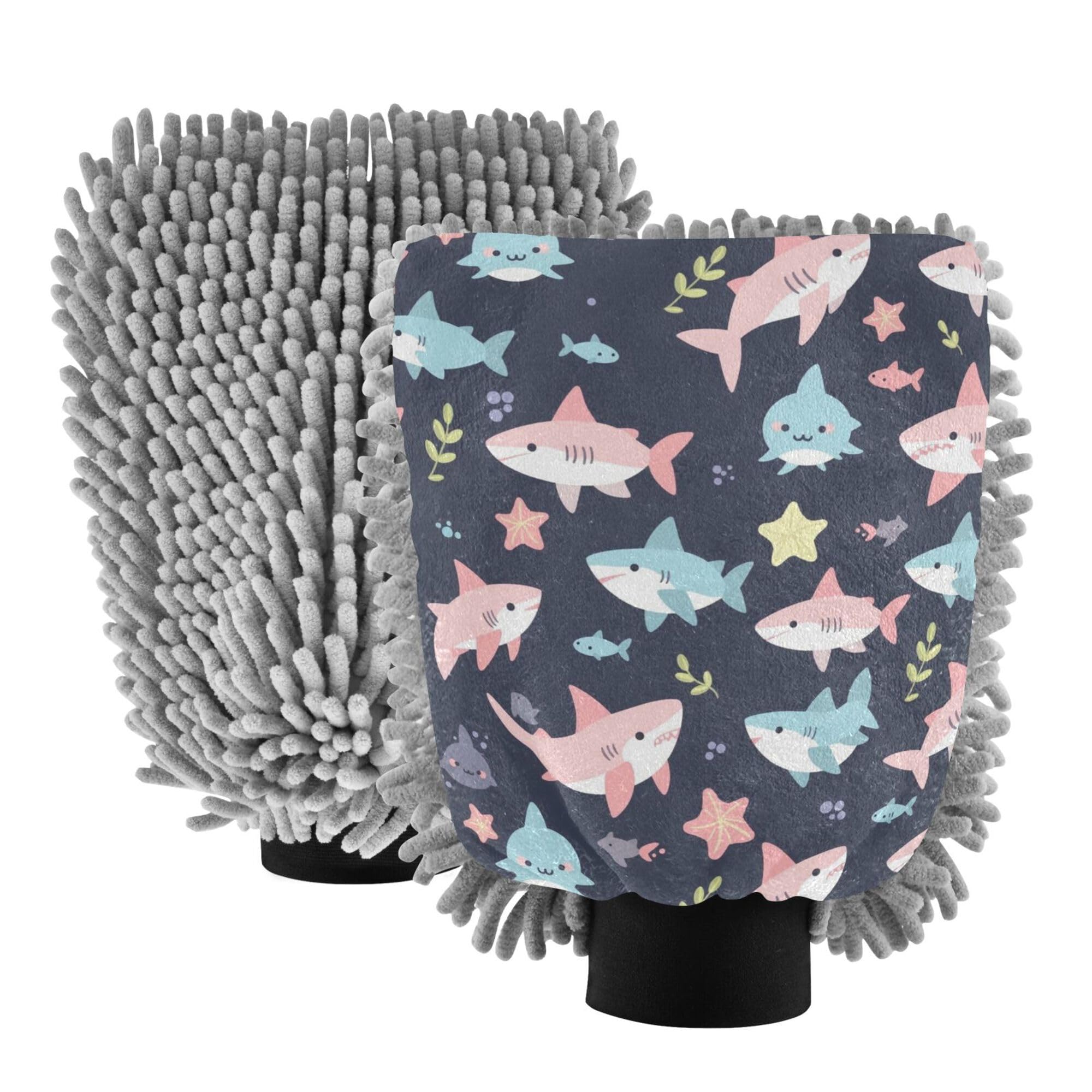 Cute Cartoon Sharks Stars Wash Mitt Microfiber 2 Pack Cars Washing Mitt Scratch Free Clean Sponges for Auto Cleaning