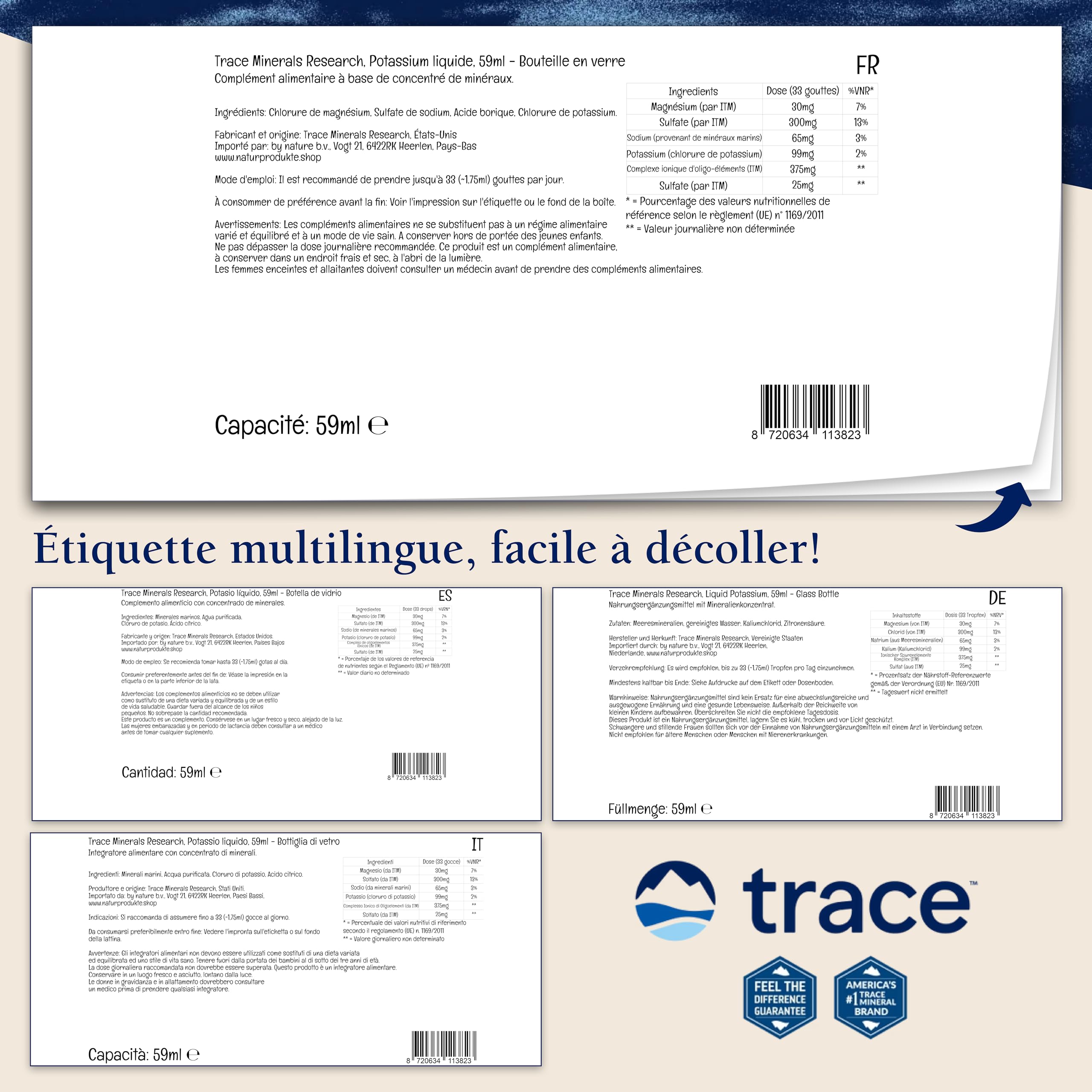 Trace Minerals, Ionic Potassium, 99mg de Potassium, 59ml, Sans Gluten, Sans Soja, Végétarien