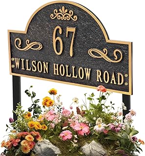 Address Plaques for House - LAWN MOUNTED,Engraved Metal with 2 Stakes Customized House Numbers Sign for Outside Store,Yard,Garage,Apartment,Arch Style (Black/Gold)