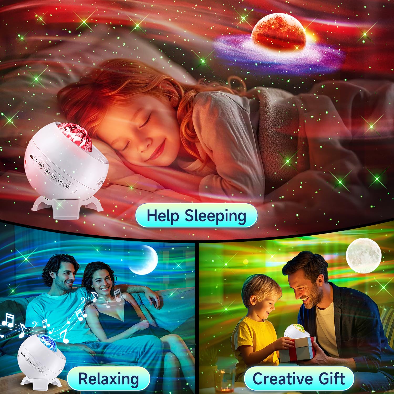 COOLNIGHT Projecteur Ciel Étoilé LED Chambre Enfant 15 Couleurs 5 Lunaires Bluetooth Bruits Blancs Télécommande