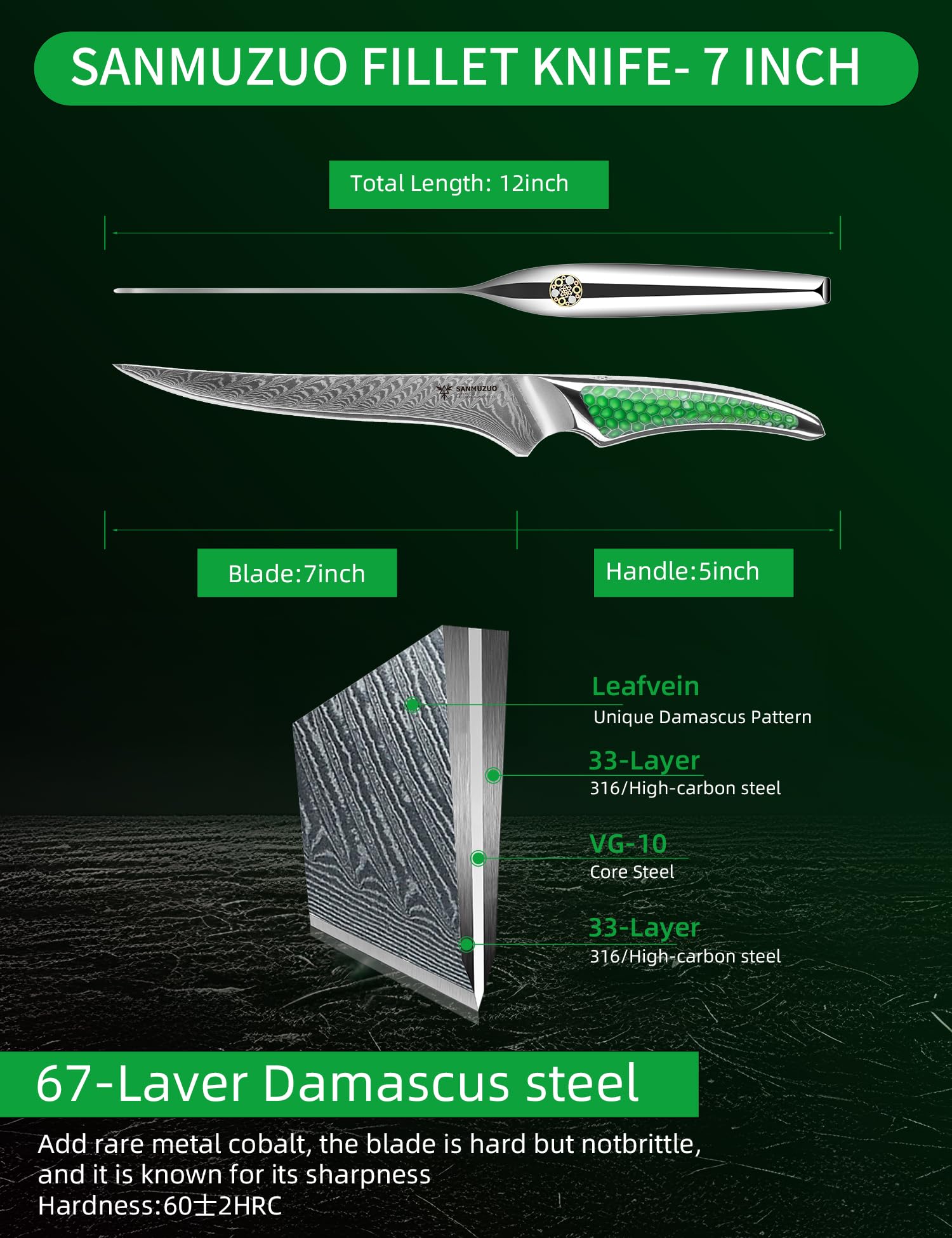 Cuchillo para filetear de 18cm, cuchillo japonés para pescado de cocina de acero damasco VG-10, cuchillo para deshuesar ultra afilado con mango de espiga completa en resina verde, serie LA-S9