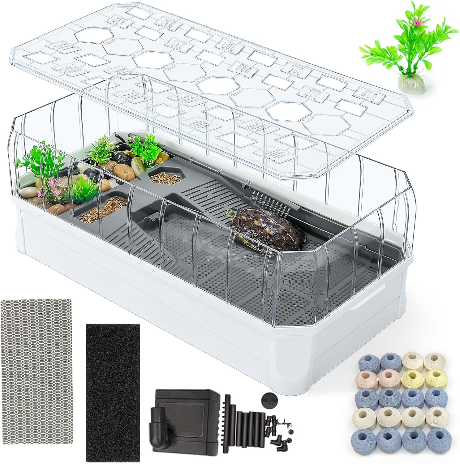 25.6×13×9.4'' Big Turtle Aquarium Turtle Tank with Filter-Rain Shower SPA Experience, Water Changes, and Ample Space for Activities-Suitable for Tortoises, Turtles, Hermit Crabs X-Large(25.6''×13''×9.4'') White