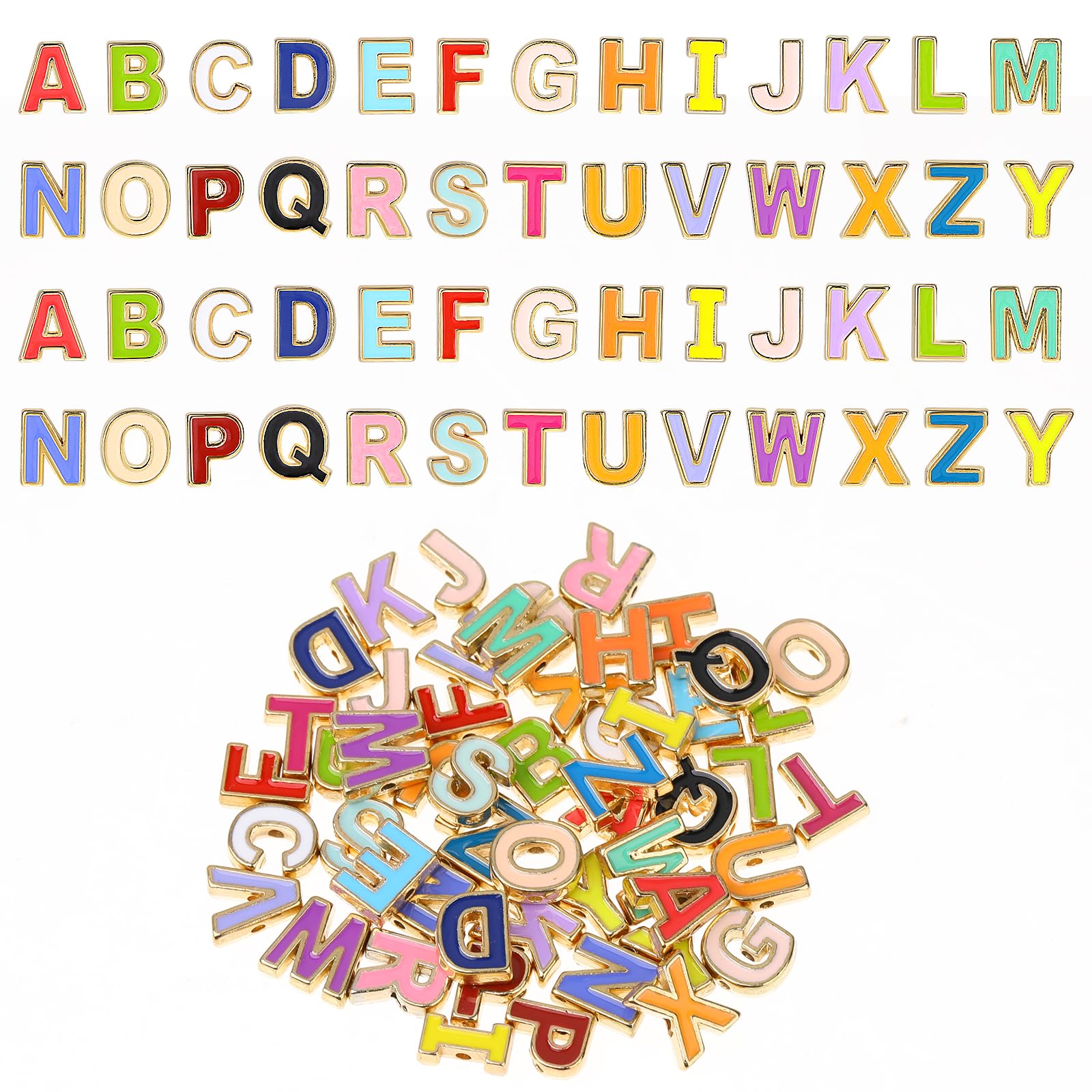 Mozeat Lens 52Pcs Alphabet Beads for Bracelets Making Alloy Enamel Letter Shape Beads Colorful Letter Shape Charm Beads Mixed Enamel Letters for DIY Bracelet Jewelry Making Accessories