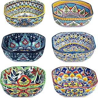 HENXFENLEAD Boho Ceramic Dipping Bowls Set of 6 - 8oz Square Snack Bowls for Dips, Salsa, Soy Sauce, Desserts - Lead-Free, Stackable, Dishwasher Safe