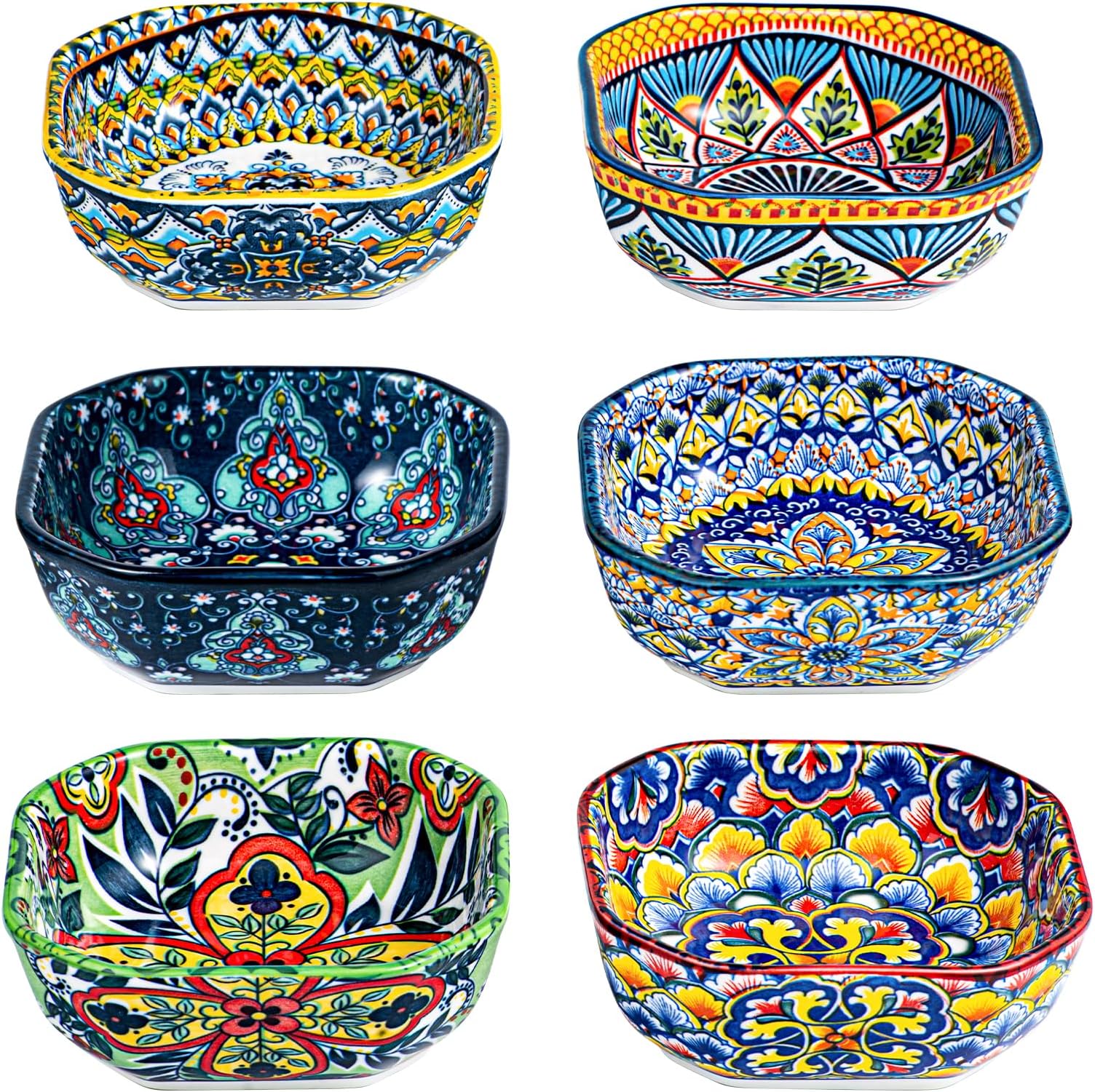 Boho Dipping Bowls – 8 oz Soy Sauce Dish, Small Square Ceramic Bowls for Dips, Salsa, Side Dishes, Dessert – 4.3 Inch Appetizer Plates Set of 6
