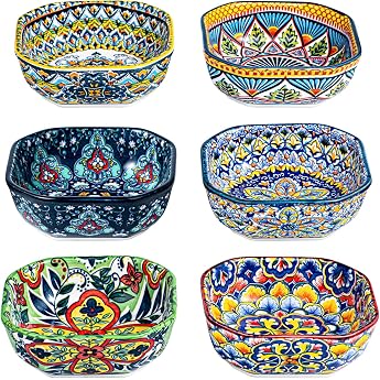 HENXFEN LEAD Dip Bowls Porcelain 240 ml Snack Bowls Small Square Bowl Appetizer Plates for Sauce Spices Fruits Sushi & Dessert. Colorful Pack of 6 - Bohemian Style
