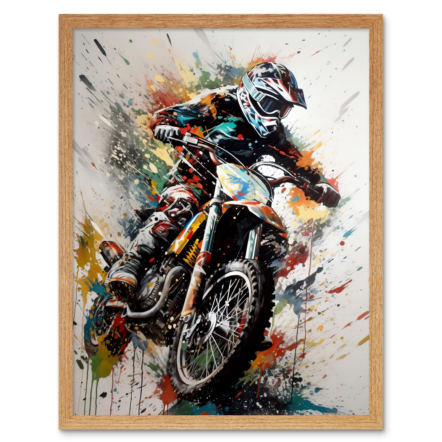 Artery8 Motocross Racer Paint Splat Action Shot Portrait Art Print Framed Poster Wall Decor 12x16 inch