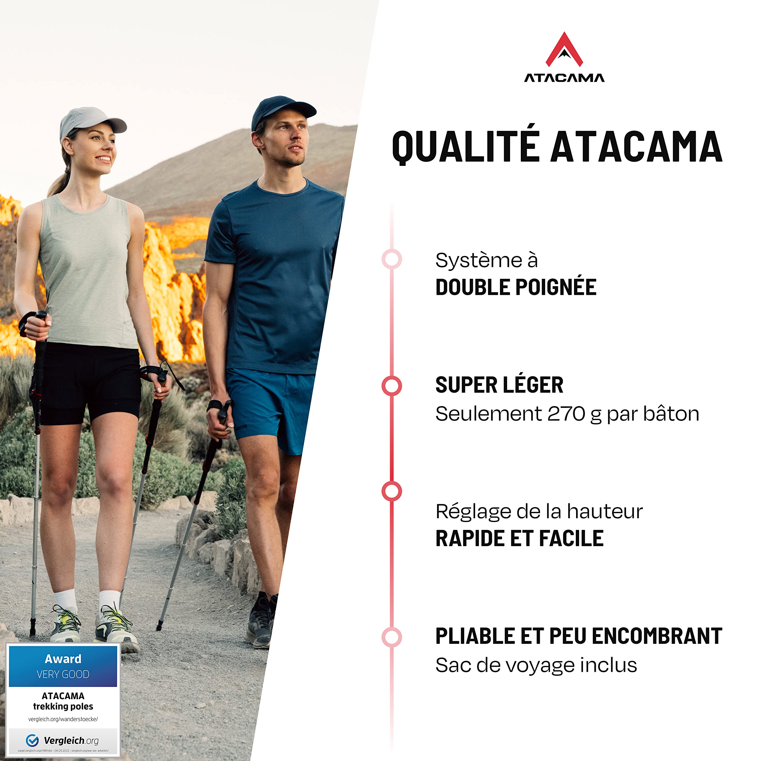 ATACAMA Bâtons de Randonnée Nordique – ultralégers, Pliables & télescopiques – Fibre de Carbone, poignées en liège – bâtons de Marche pour Homme & Femme (63–135 cm)