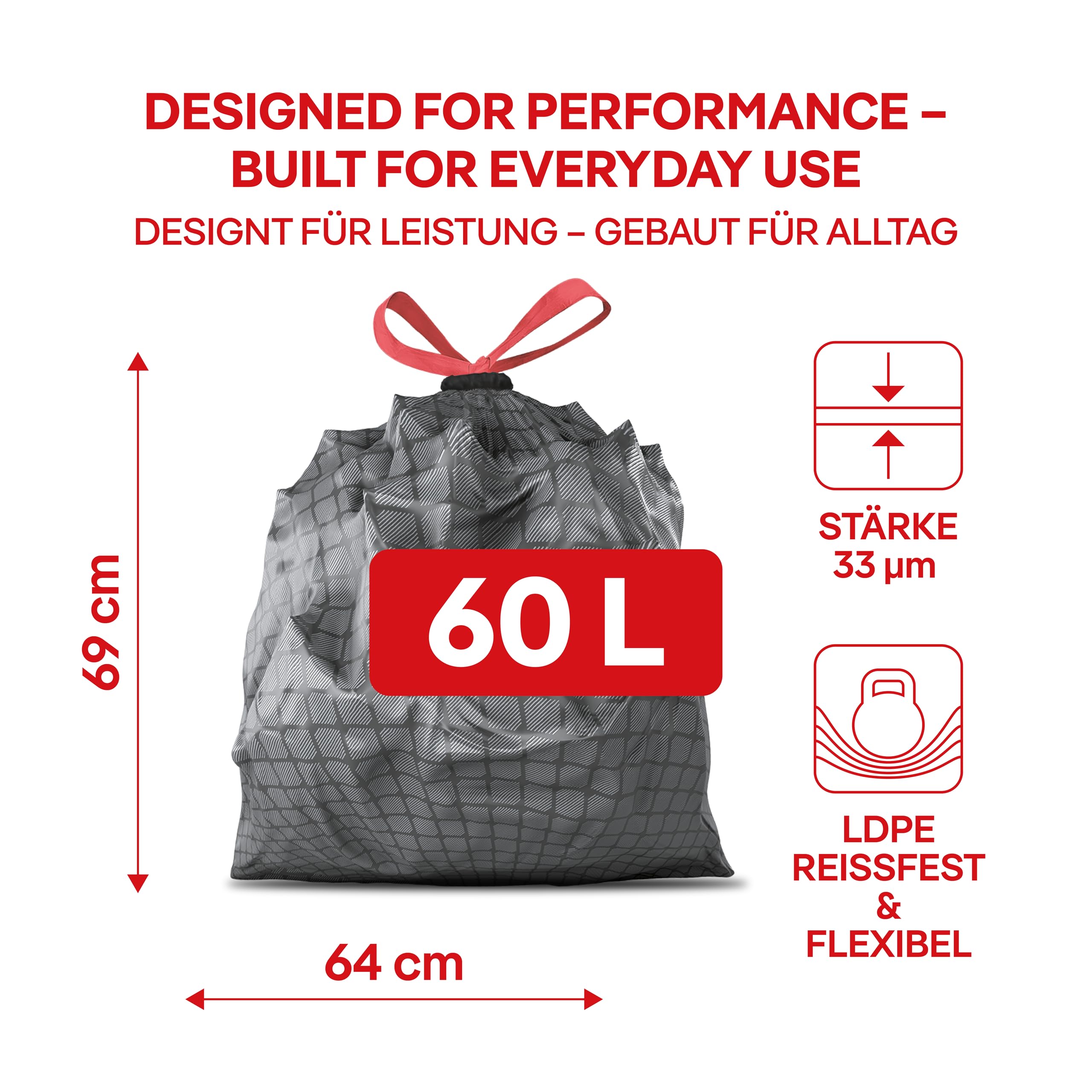 ALUFIX Sacchi della spazzatura Pro con cordino/Extra FLEXY LDPE 2 strati, 60 l, 10 sacchetti della spazzatura, 1 rotolo, 33 μm/acciaio nero, 64 × 69 cm, contro crepe e forature/innovativi, eleganti