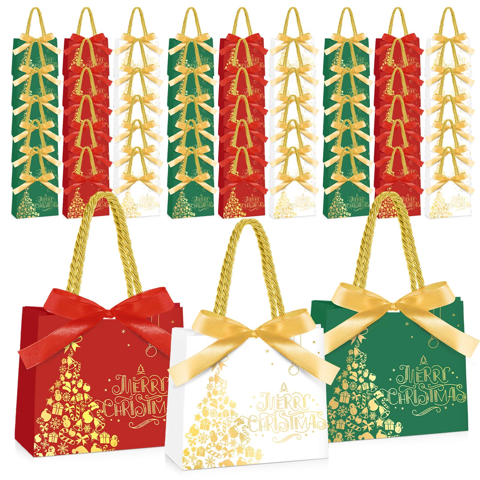 Kolldenn Lot de 50 petits sacs cadeaux de Noël en vrac avec poignées en feuille d'or rouge, blanc, vert avec nœud pour Noël, bonbons, cadeaux de fête pour Noël, vacances, Nouvel An