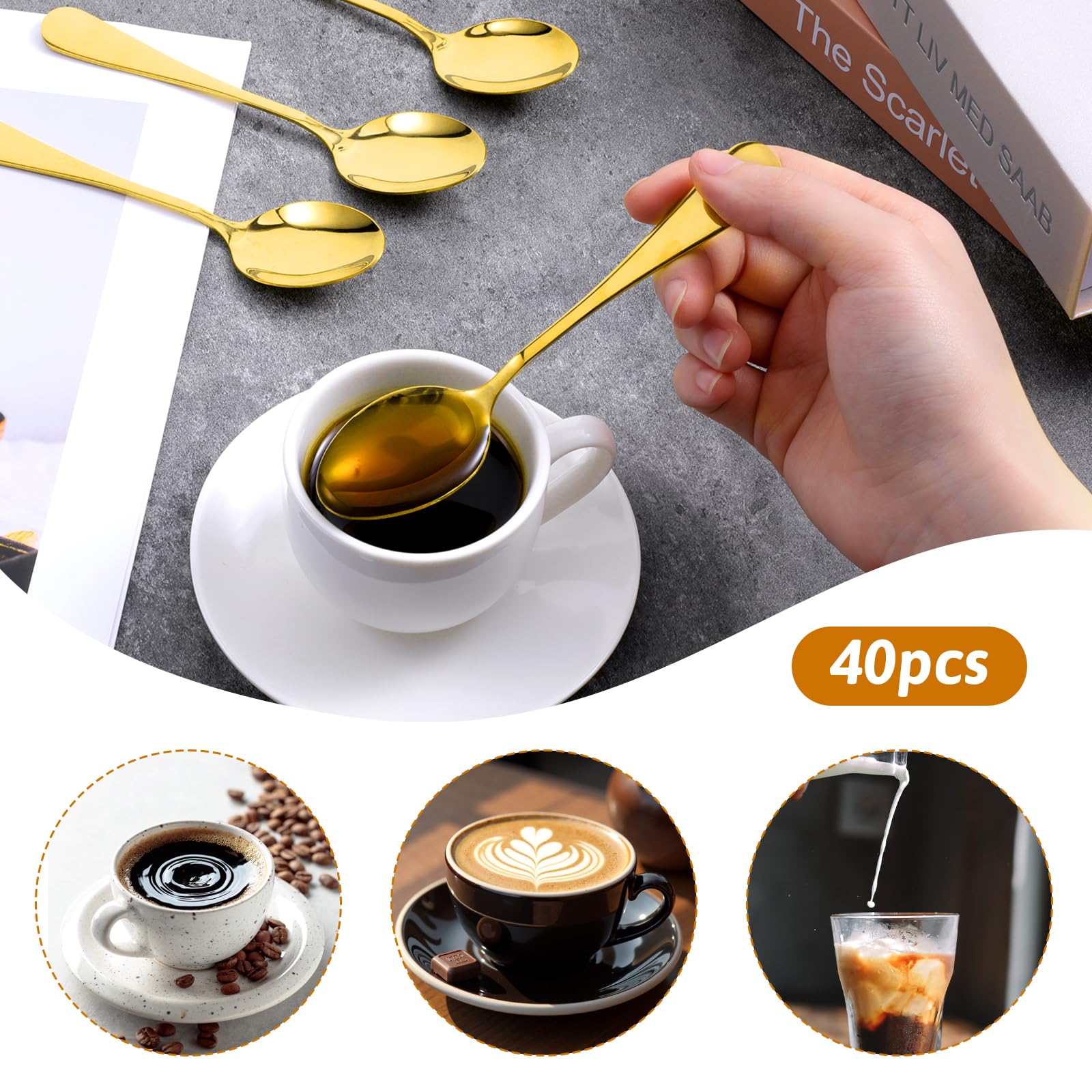 40 cucharas doradas Demitasse Espresso Mini acero inoxidable dorado para cena, postre, café, té, azúcar, cucharaditas para restaurante, hotel, boda, hogar, fiesta, latte