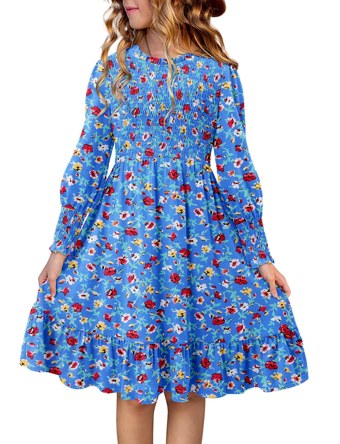 Yoklass Girls Smocked Dress Casual Puff Long Sleeve Ruffle Neck Dresses 4-13 Years