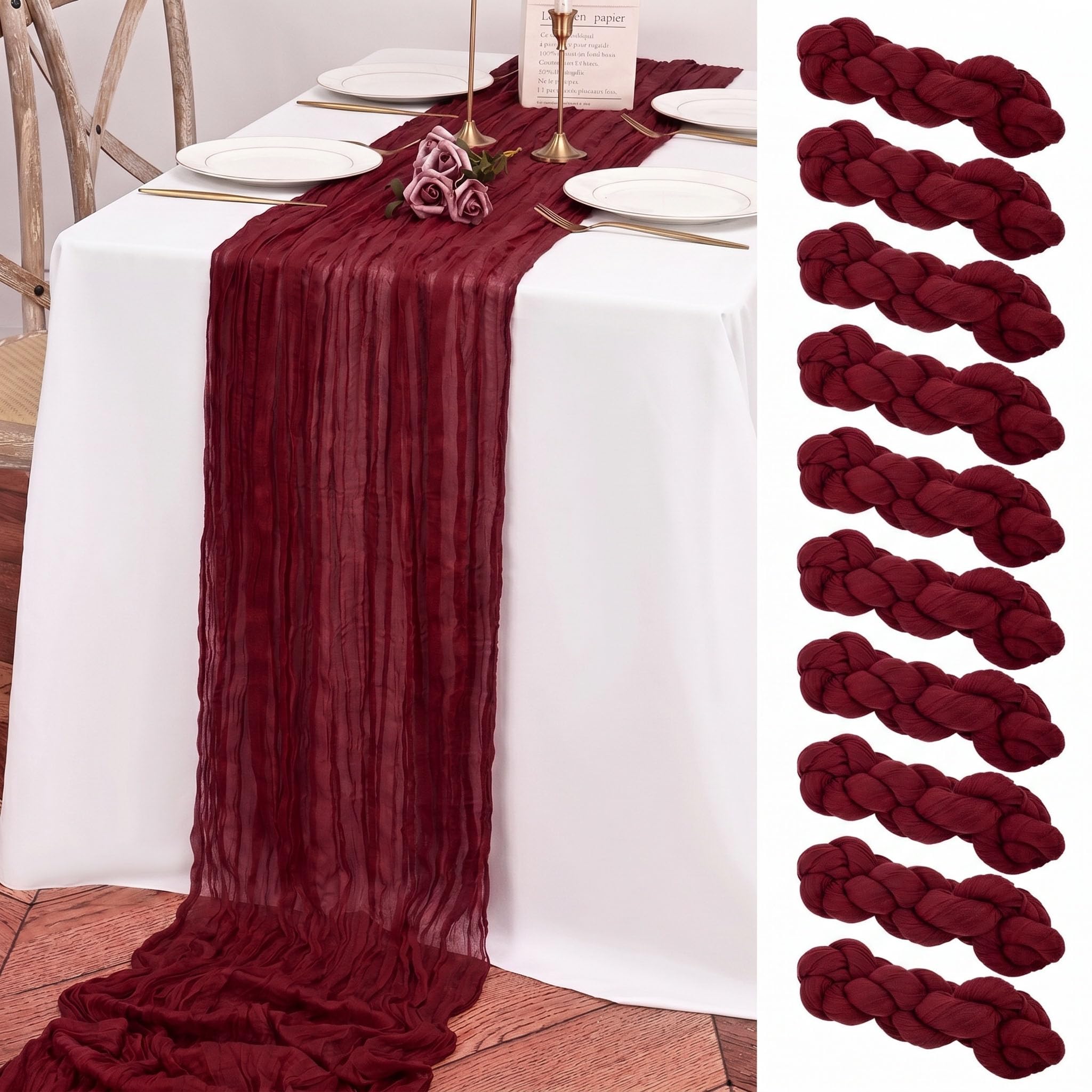 Teruntrue 10 Pack Burgundy Cheesecloth Table Runner, 10FT Long Boho Gauze for Birthday Party Festival Wedding Decoration