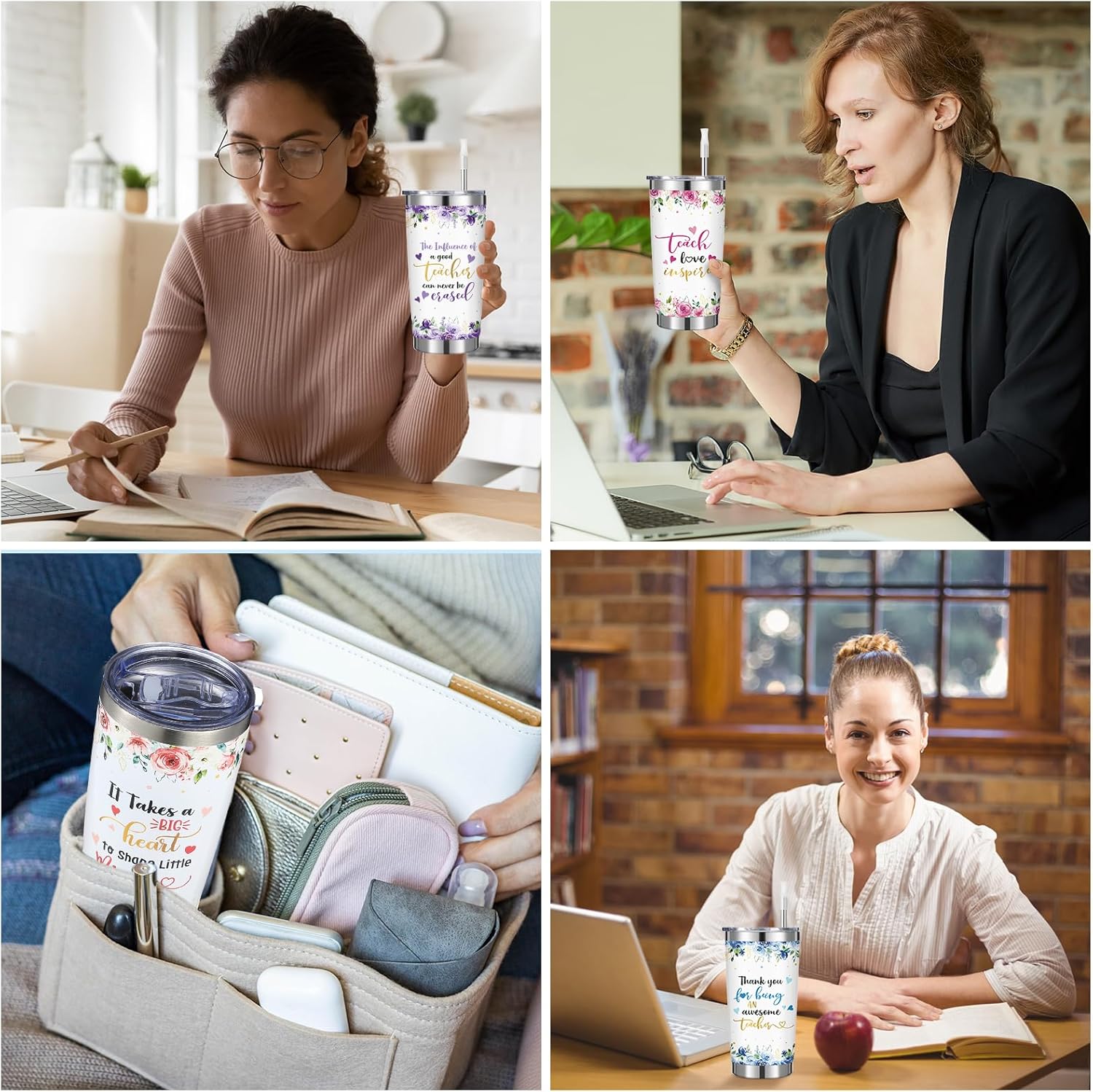 Skylety 4 Pcs Teacher Appreciation Gifts Tumblers for Women 20oz Stainless Steel Cups with Lids and Straws Inspirational Flower Coffee Mugs Teacher Birthday Graduation Retirement Gifts Set - Image 7