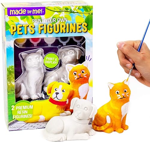 Made By Me Figuras de mascotas 2 pinturas de resina por Horizon Group USA, gato y perro, pinturas acrílicas y pincel incluidos