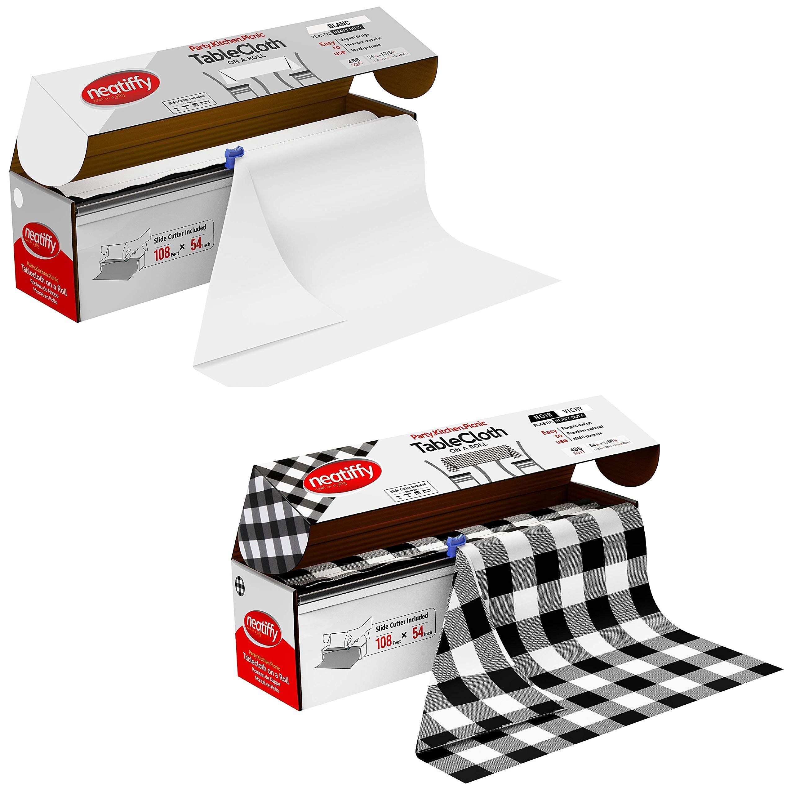 Neatiffy Disposable Plastic Table Cloth Roll | 54 in x 108 Ft Waterproof Tablecloth | Table Cover for Rectangle, Square, Round Oval Tables | Picnic, Party, Banquet-White, Black Checkered